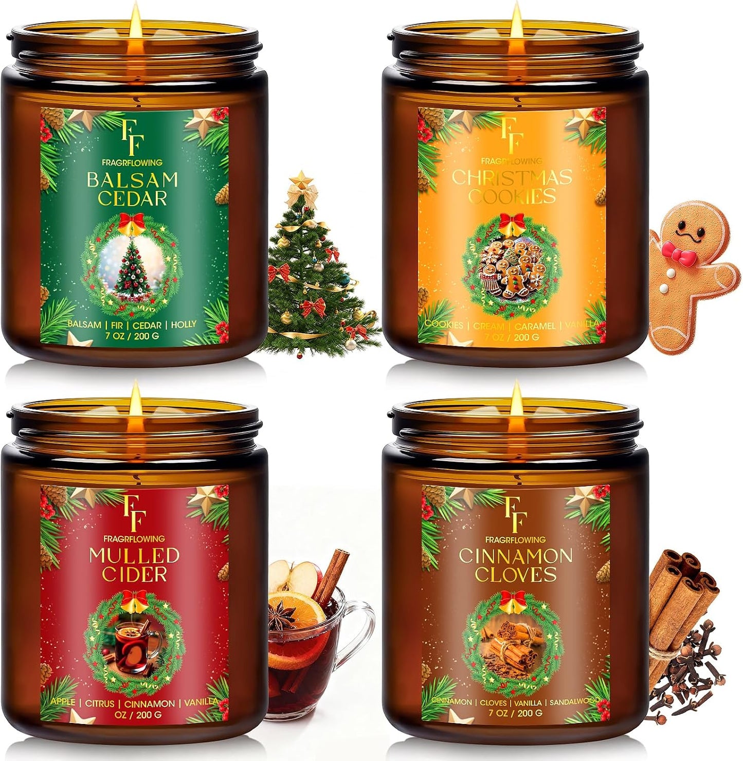 Christmas Candles Set, Scented Candles for Home, 4 Pack Holiday Natural Soy Candles, Christmas Gift for Women Men