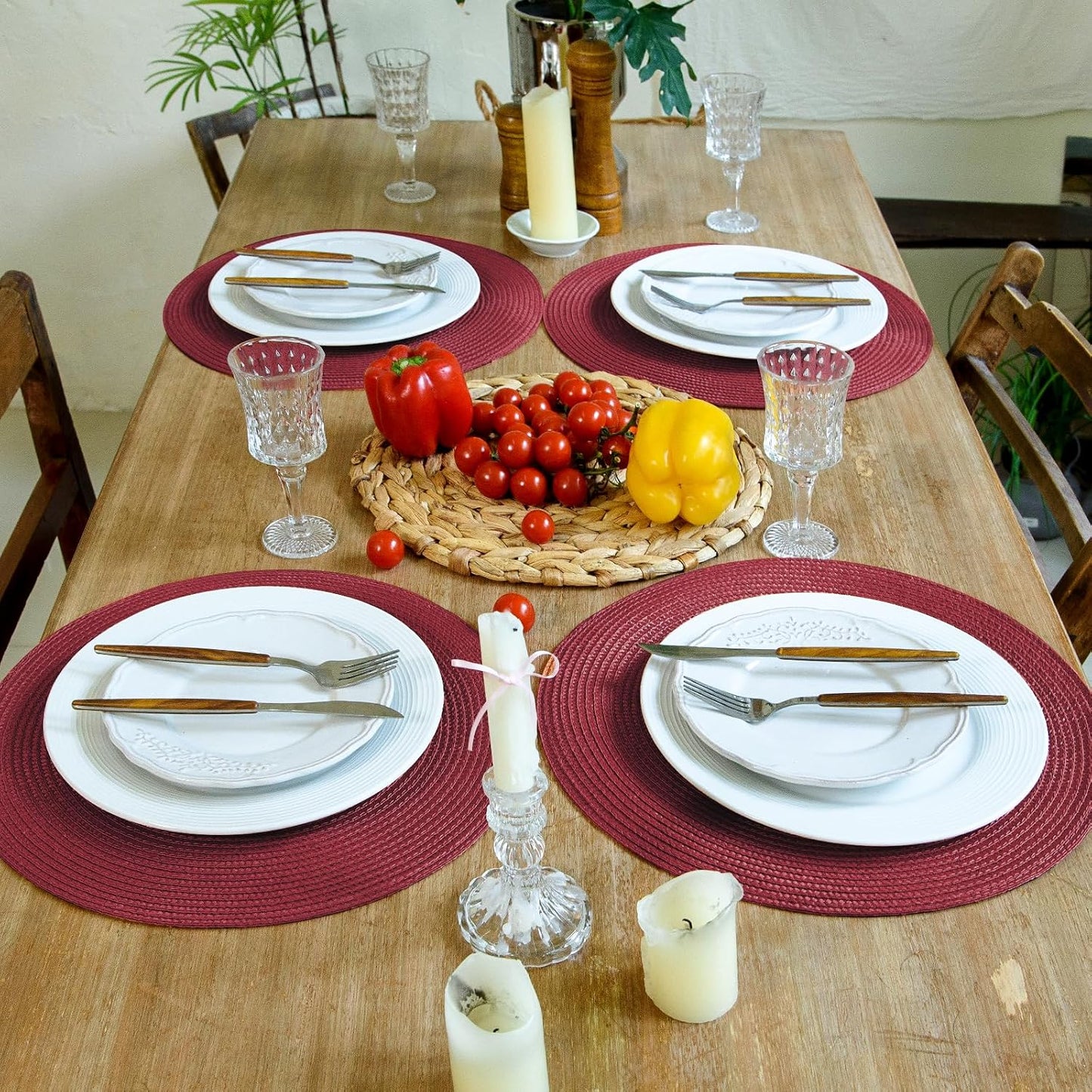 FunWheat Round Braided Placemats Set of 8 Table Mats for Dining Tables Woven Washable Non-Slip Place mats 15