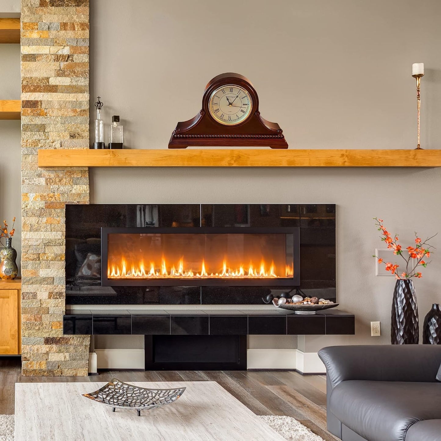 Mantel Clocks, Battery Operated, Silent Wood Table Clock with Westminster Chimes On The Hour, Solid Wooden Shelf