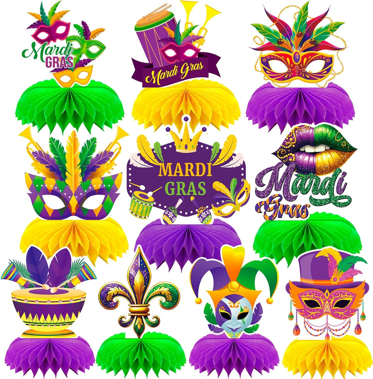 10 Pcs Mardi for Gras Party Honeycomb Centerpieces Table Decoration