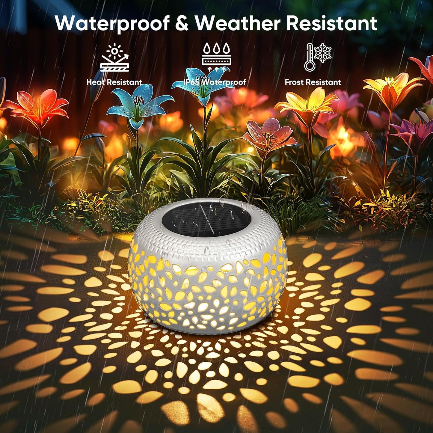 Solar Lanterns Outdoor Waterproof: 2 Pack White Cutout Metal Solar Lantern | 2 Lighting Colors, IP65 Auto On/Off