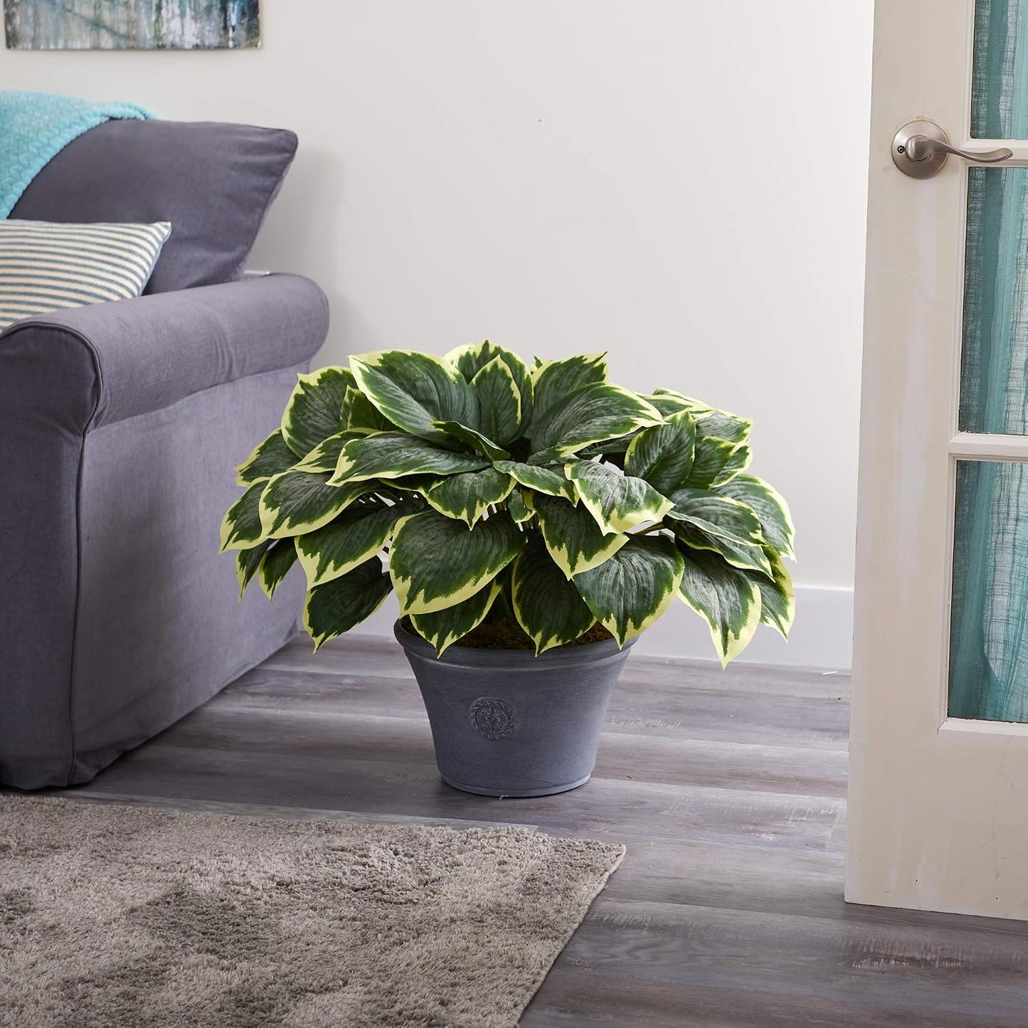 . Variegated Hosta Artificial Plant in Planter / Gray / 23 Inch