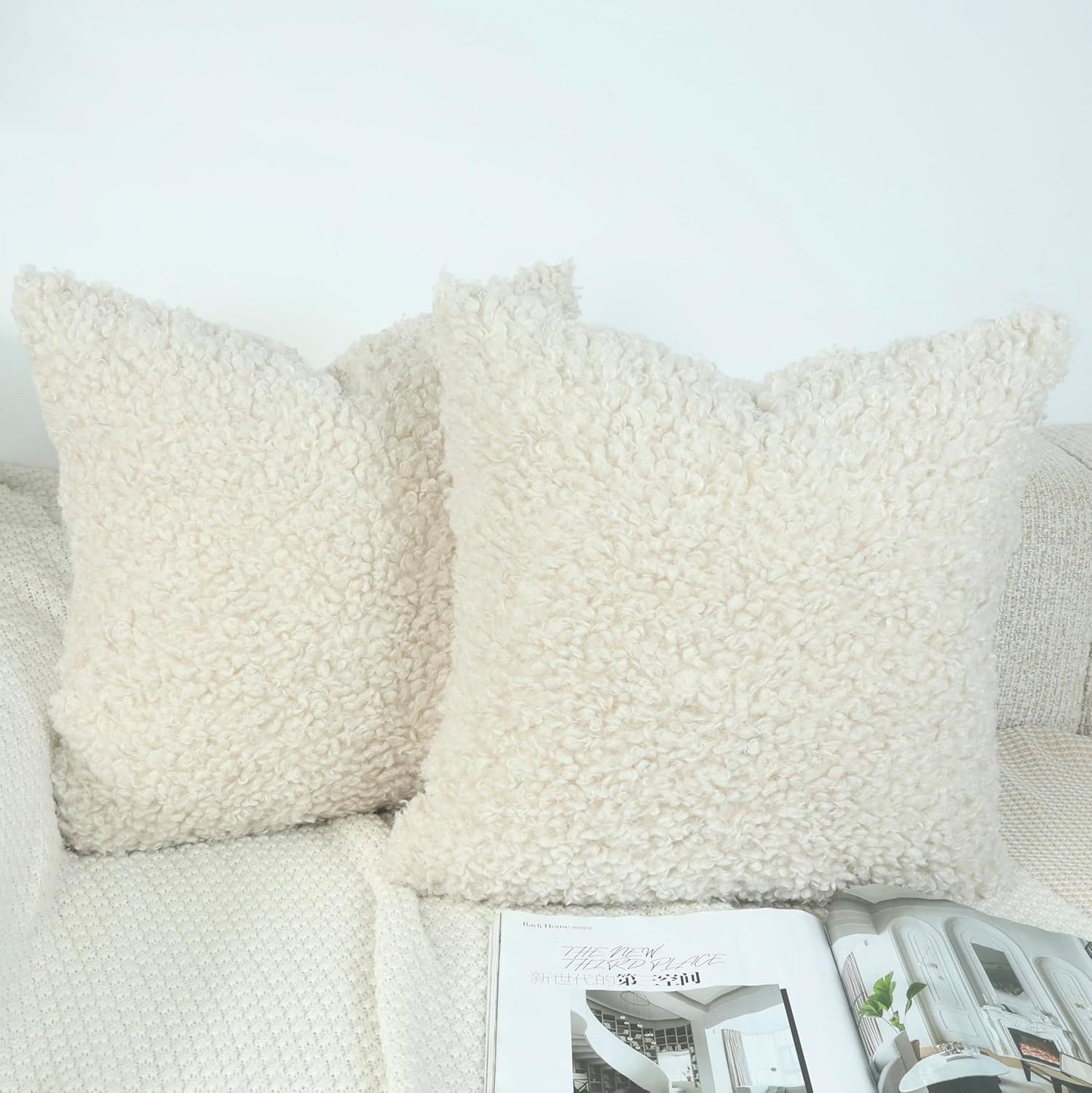 Faux Fur Decorative Pillow Covers Soft Fluffy Sherpa Boucle Throw / Light Beige / 18 x 18 / Set of 2