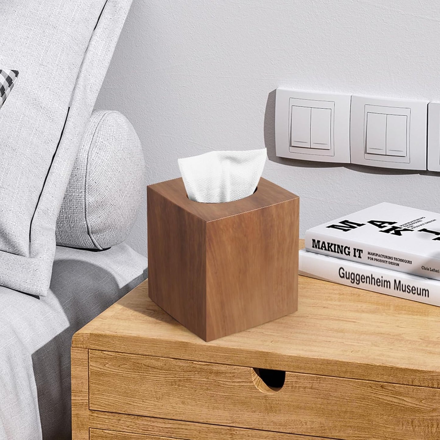 Square Facial Acrylic Tissue Holder / with 2 Qtip Holder Dispenser / Wood Grain / Clear / Set of 2