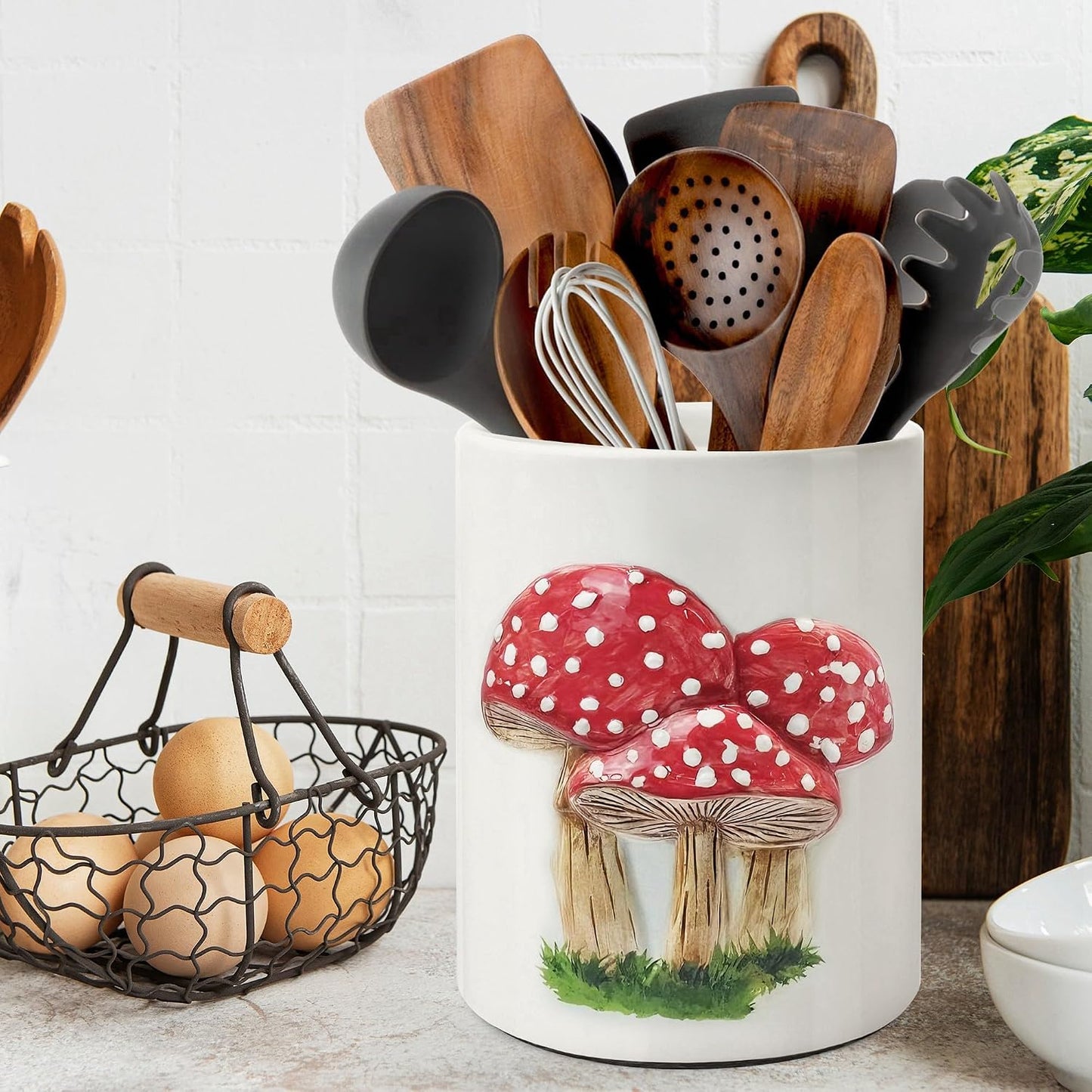 Embossed Kitchen Decor Ceramic Utensil Holder / Mushroom