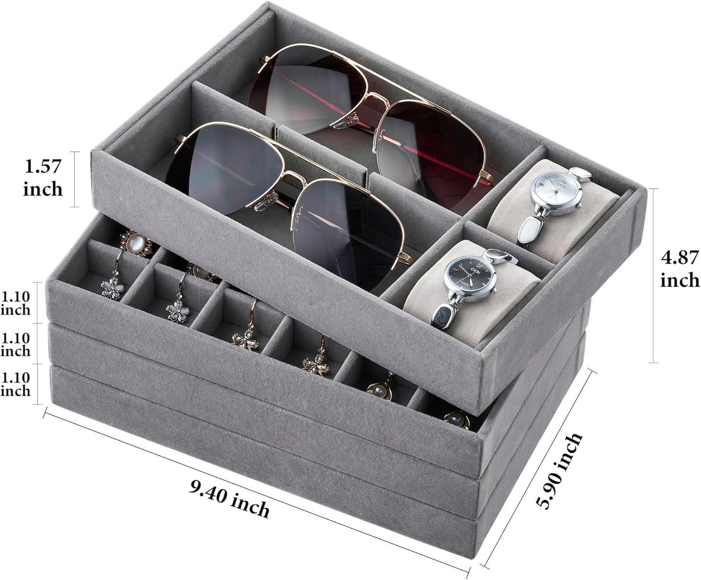 Velvet Jewelry Drawer Organizer Trays / Grey / Compact