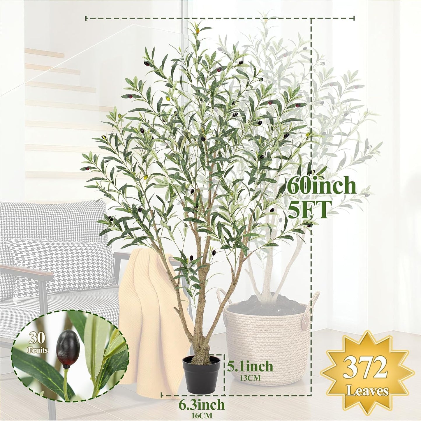 Tall Faux Tree / Olive / 5ft / 5 Inch