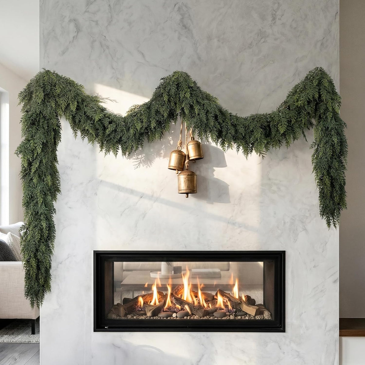 2PCS 9FT Christmas Cedar Garland, Real Touch Soft Greenery Xmas Decorations | Realistic Thick Full Lush Faux Garland