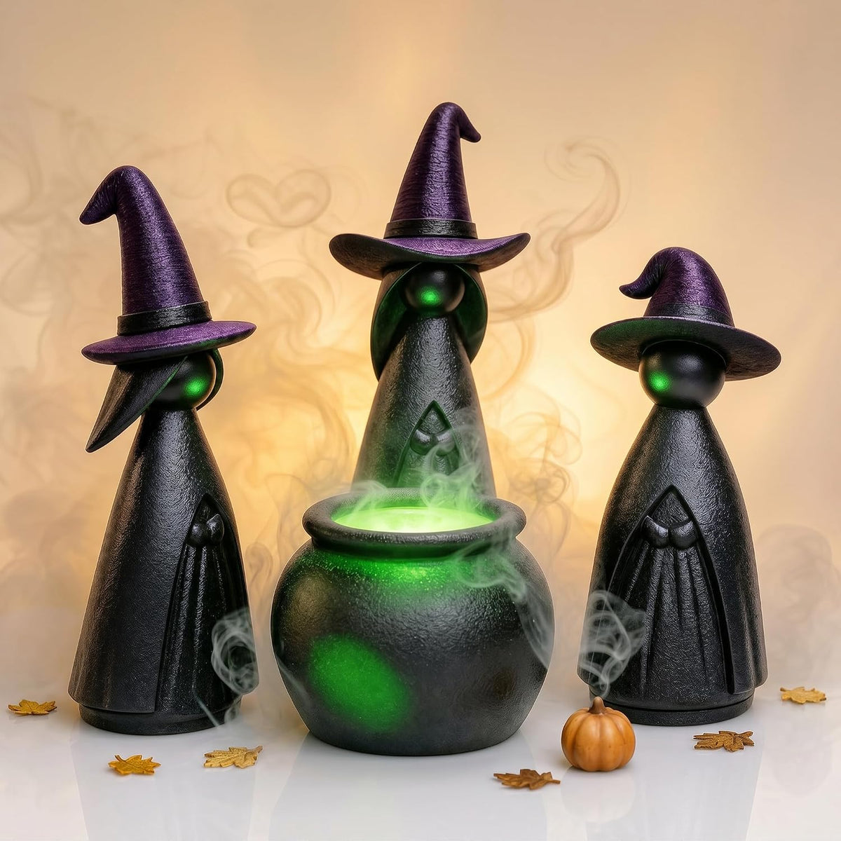 NEROSUN 4 PCS Halloween Witches Cauldron Figurine, Resin Miniature Scary Witches Tabletop Ornaments, Lighted Cauldron Ornaments for Indoor Outdoor Fireplace Shelf Home Halloween Party Decor Supplies