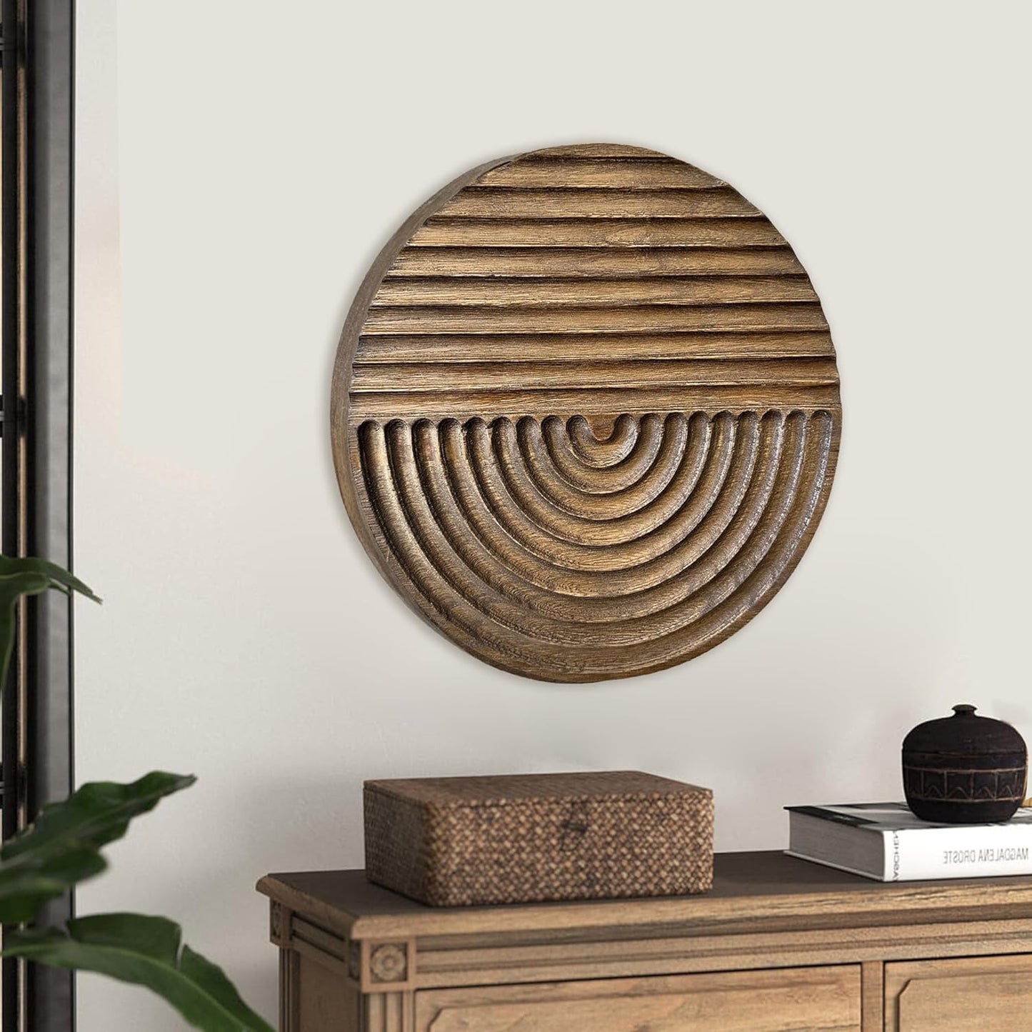 Hand-carved Wood Wall Decor featuring Artistic Round Design for Farmhouse and Country-style / Brown