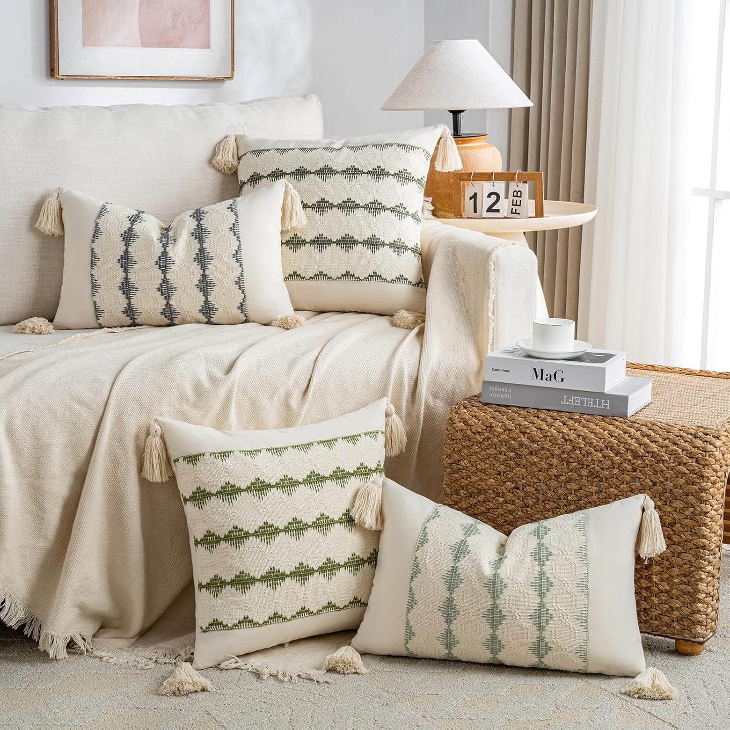 Boho Decorative Throw Pillow Cover / 18 x 18 / Olive Green / Set of 2