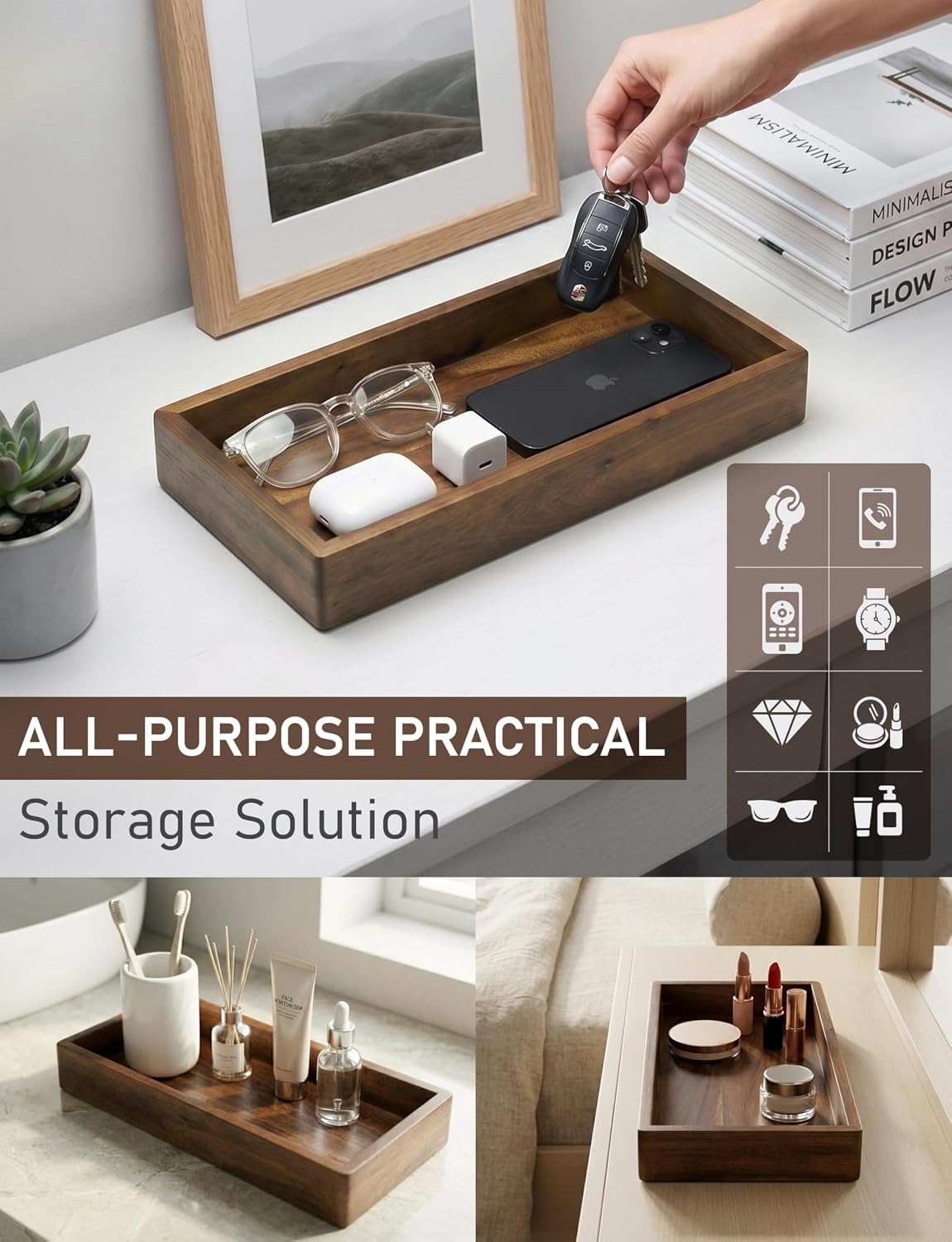 Acacia Wood Valet Tray & Catchall / Dark Brown / 12.2 x 6