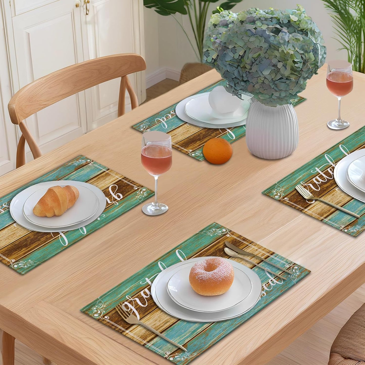 Farmhouse Table Placemats Set of 8 Thanksgiving Place Mats | Teal Linen Wipeable Heat Resistant Washable Fabric