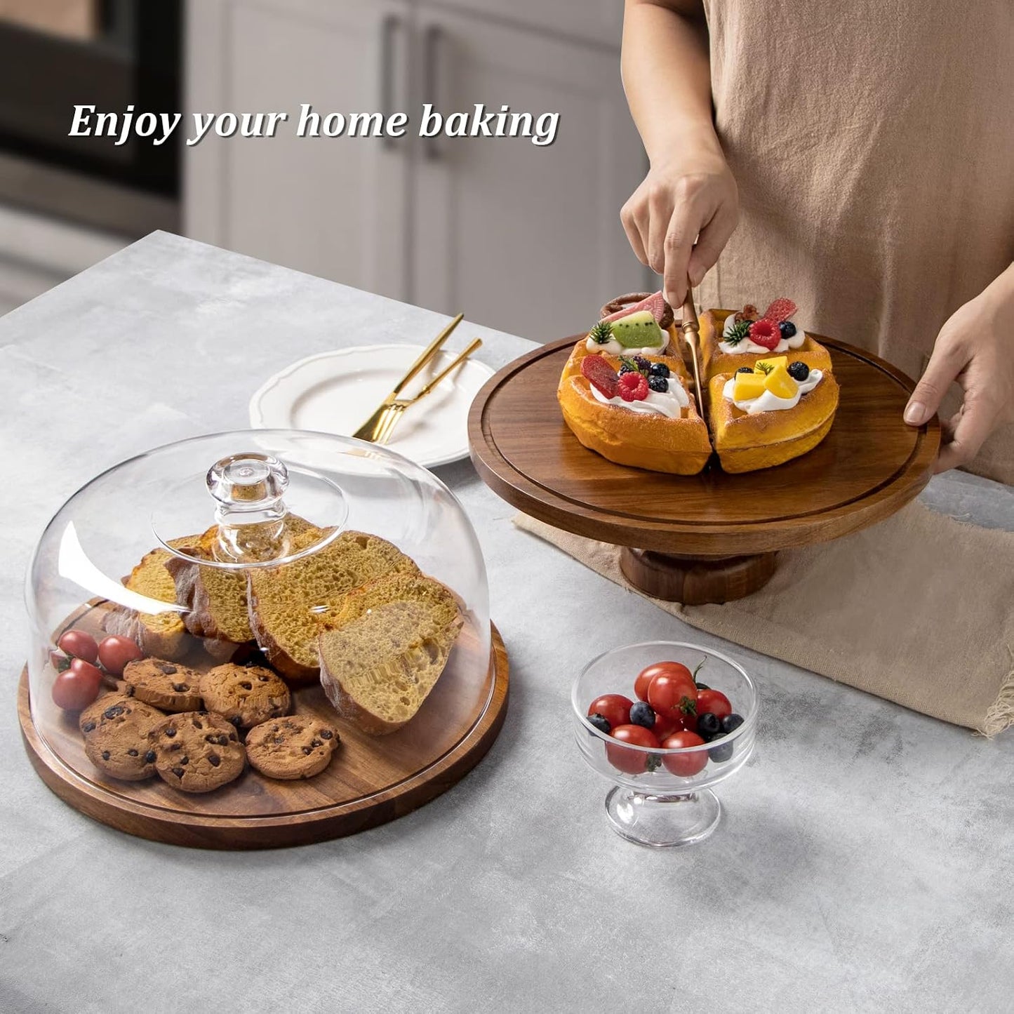 Wooden Cake Display Stand / Acrylic Dome -footed