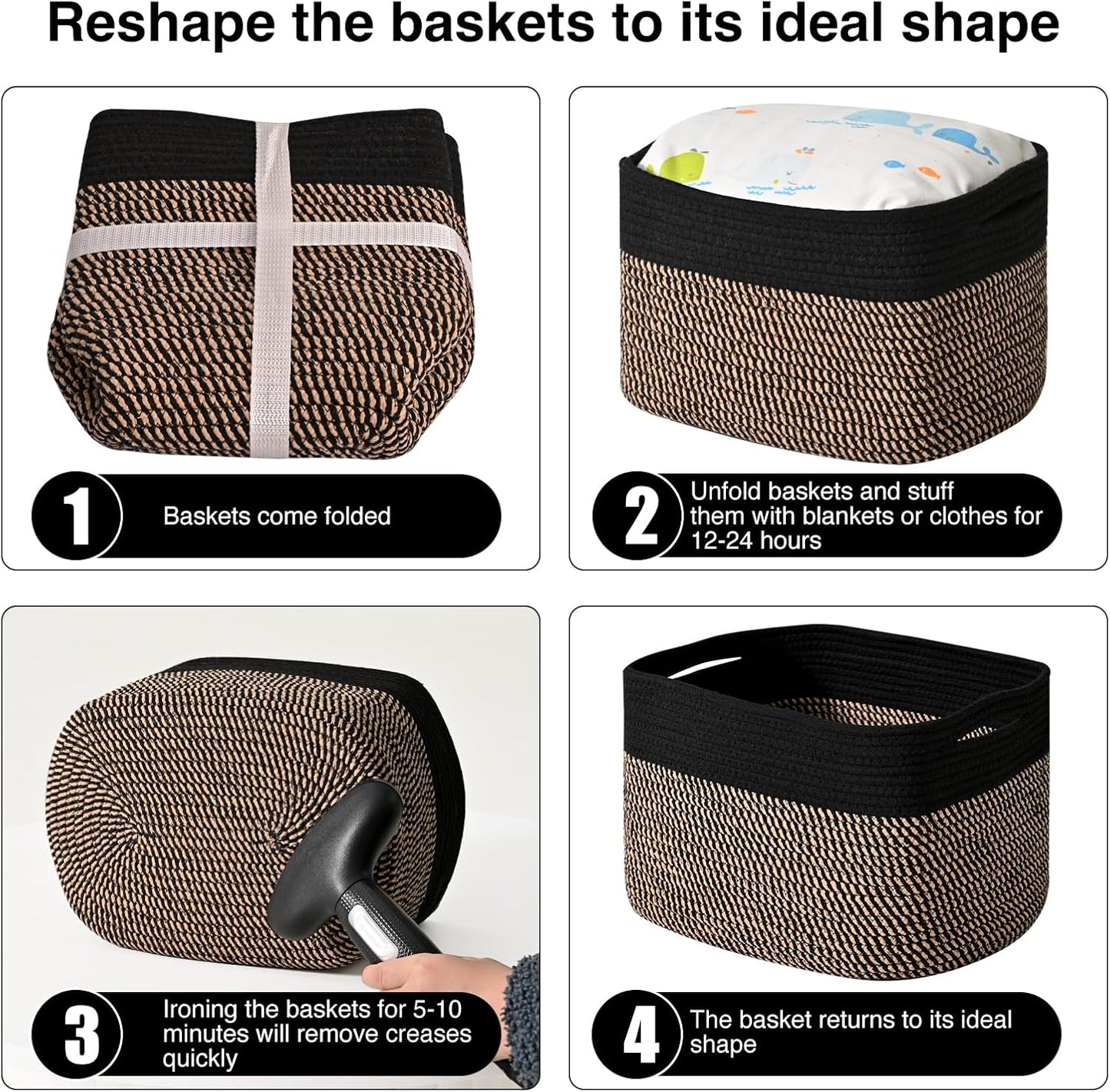 Woven Cotton Rope Baskets for Storage / Black & Jute