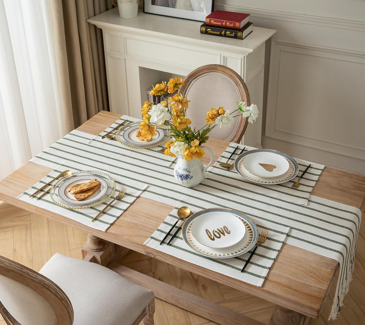 Boho Farmhouse Placemats Set of 6, Green Beige Stripes Cotton Linen Woven Table Mats for Modern Dining Table, 13x19