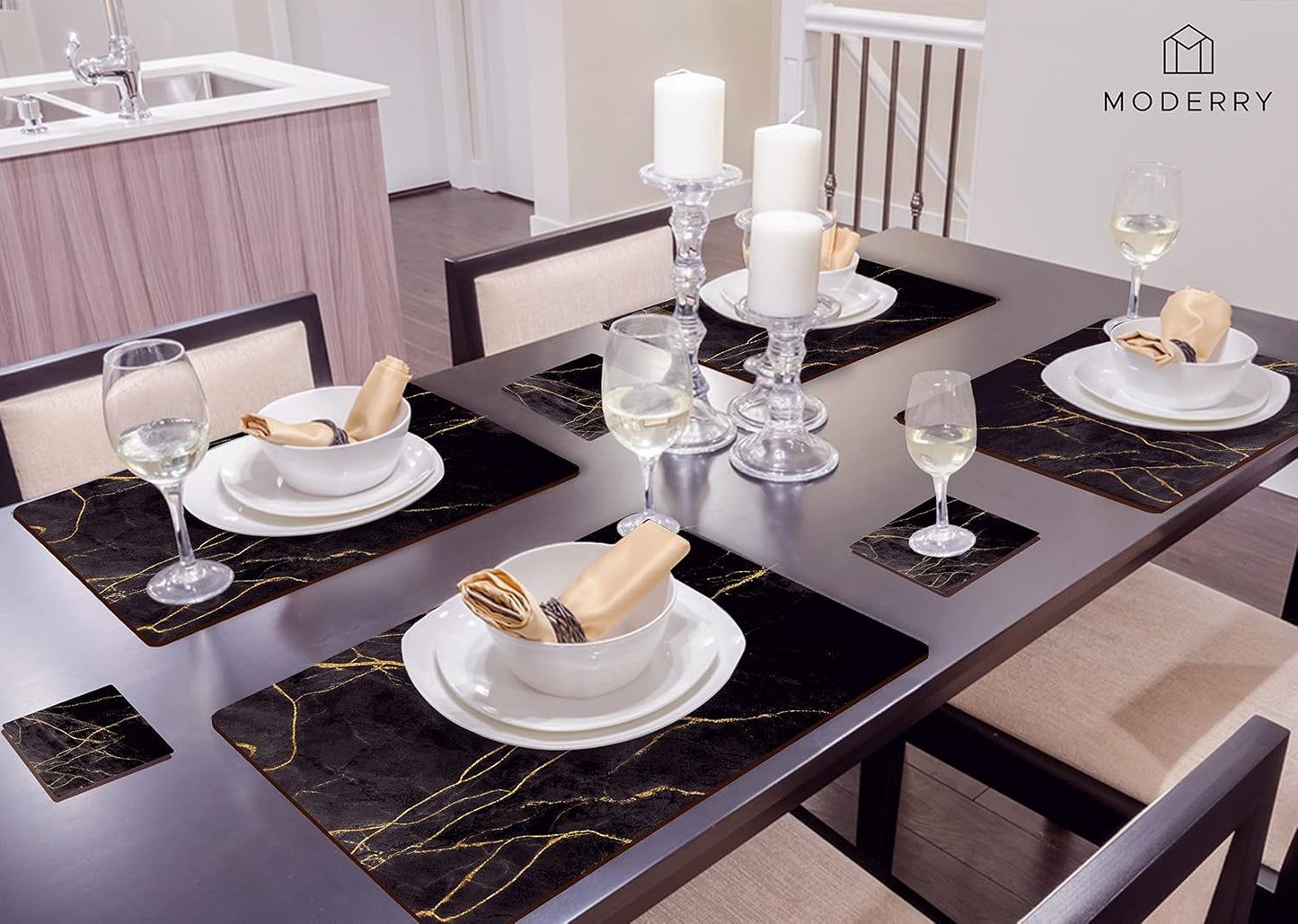 Heat Resistant Cork Placemats for Dining Table / Black & Gold Marble / Set of 4