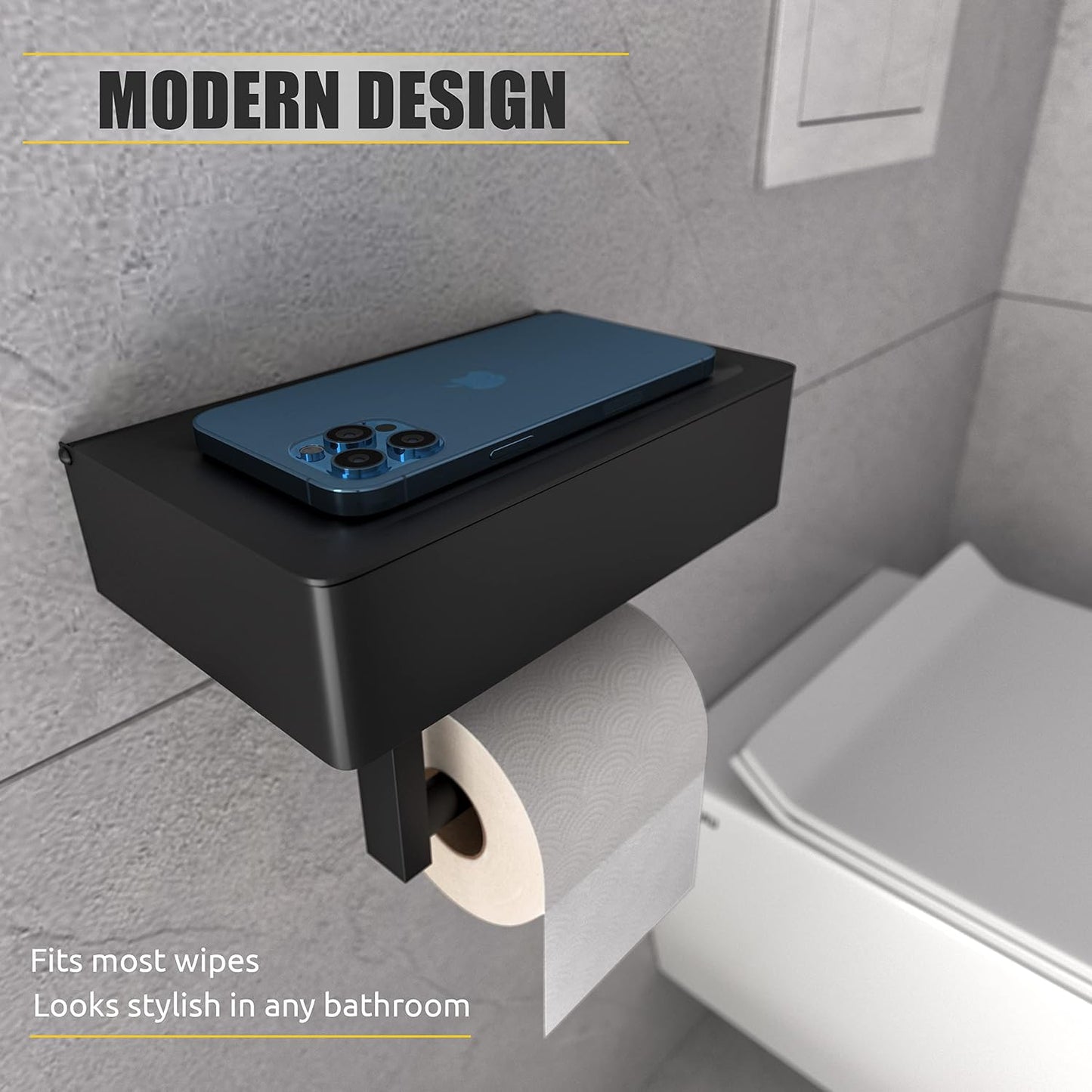 Black Toilet Paper Holder Wall Mounted with Shelf & Wipes Storage – Stainless Steel SUS304 Modern Toilet Tissue Roll