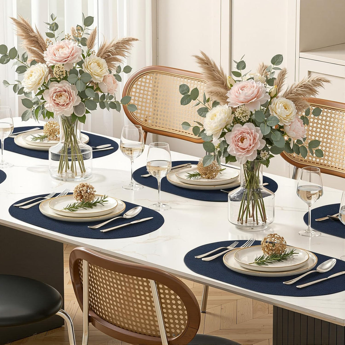 Placemats Set of 4, 11.8 x 17 Inch, Navy | Heat Resistant Oval Faux Leather Place Mats, Waterproof Wipeable Reversible