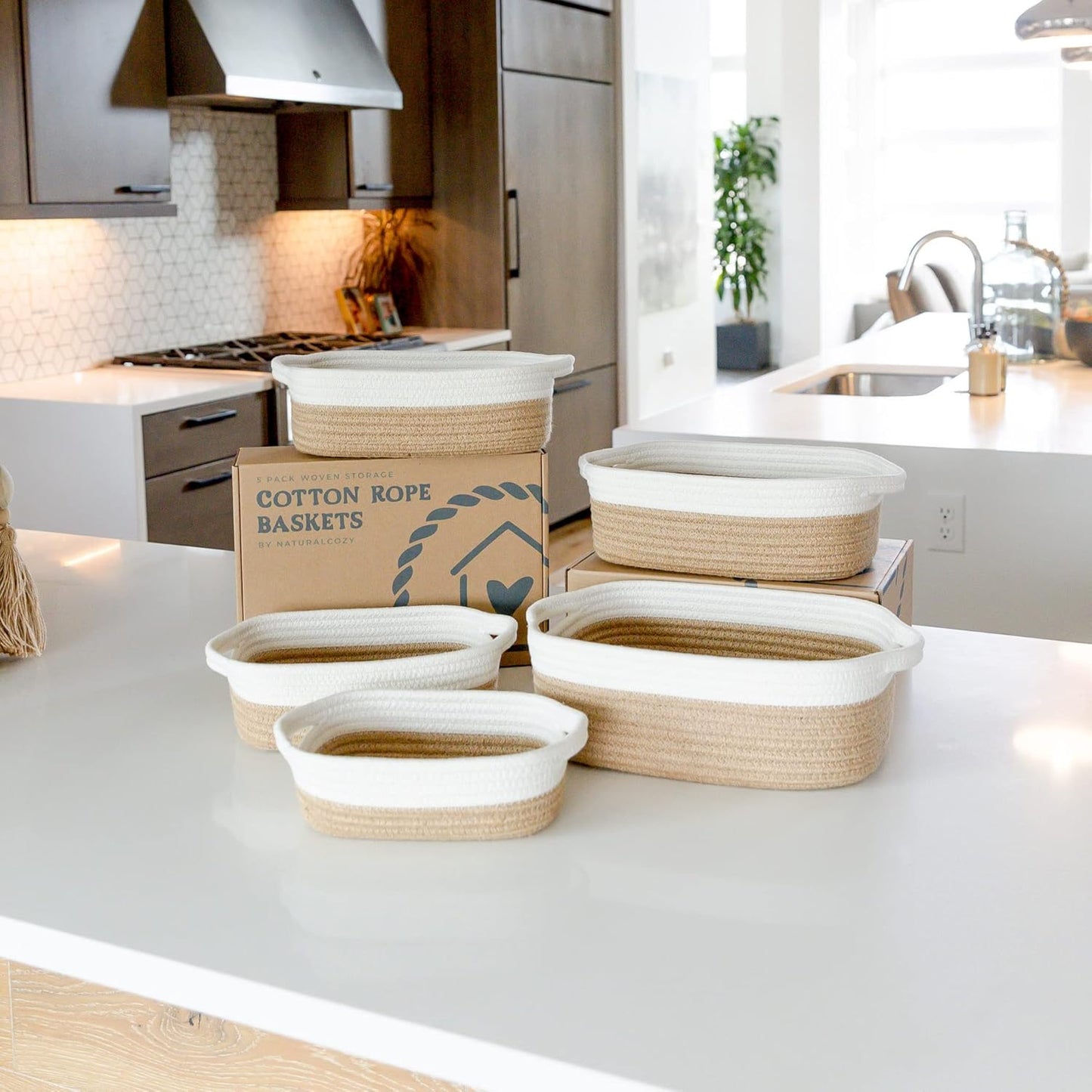 5-Piece Rectangle Storage Basket Set- Natural Cotton Rope Woven Baskets / Off White & Jute