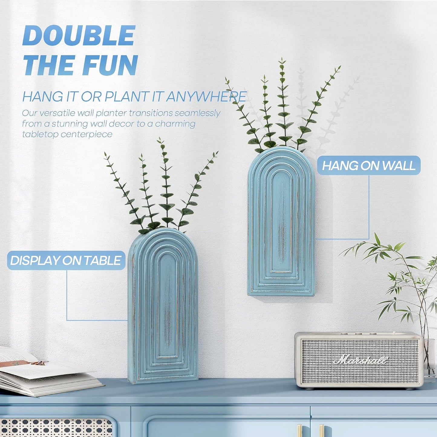 Pine Wood Boho Decor Wall Vases / Blue / Set of 2