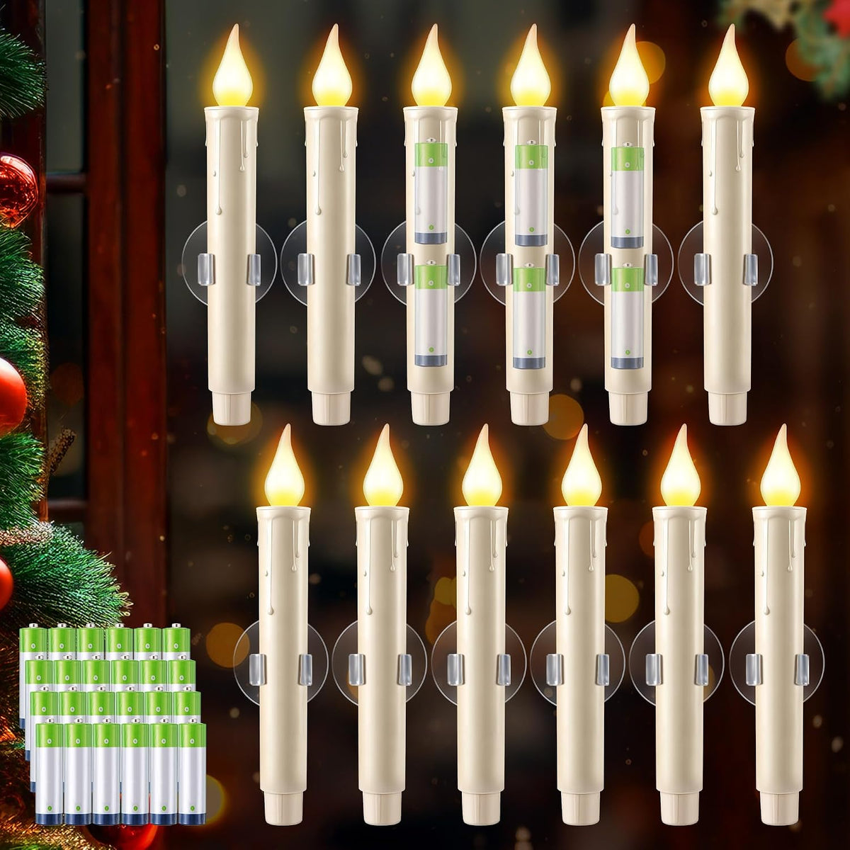 Enhon 12Pcs Dusk to Dawn Christmas Window Candles with Battery, Suction Cup