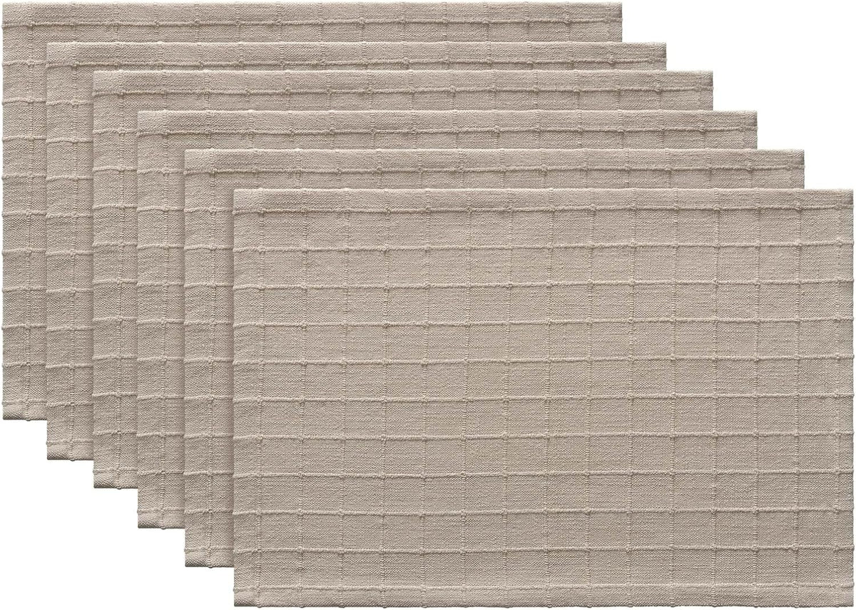Artisanal Grid Decorative Linen Placemats Set of 6, Oatmeal | Thick Heavy Textured Washed Linen Place Mats 13×19in