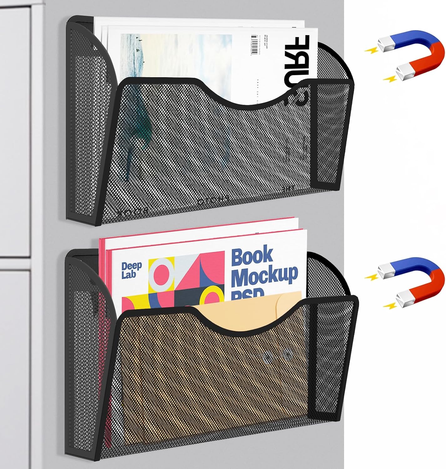 Magnetic File Holder 2 Pockets File Folder Organizer, Office Hanging Magazine Rack for Refrigerator, White Board, No