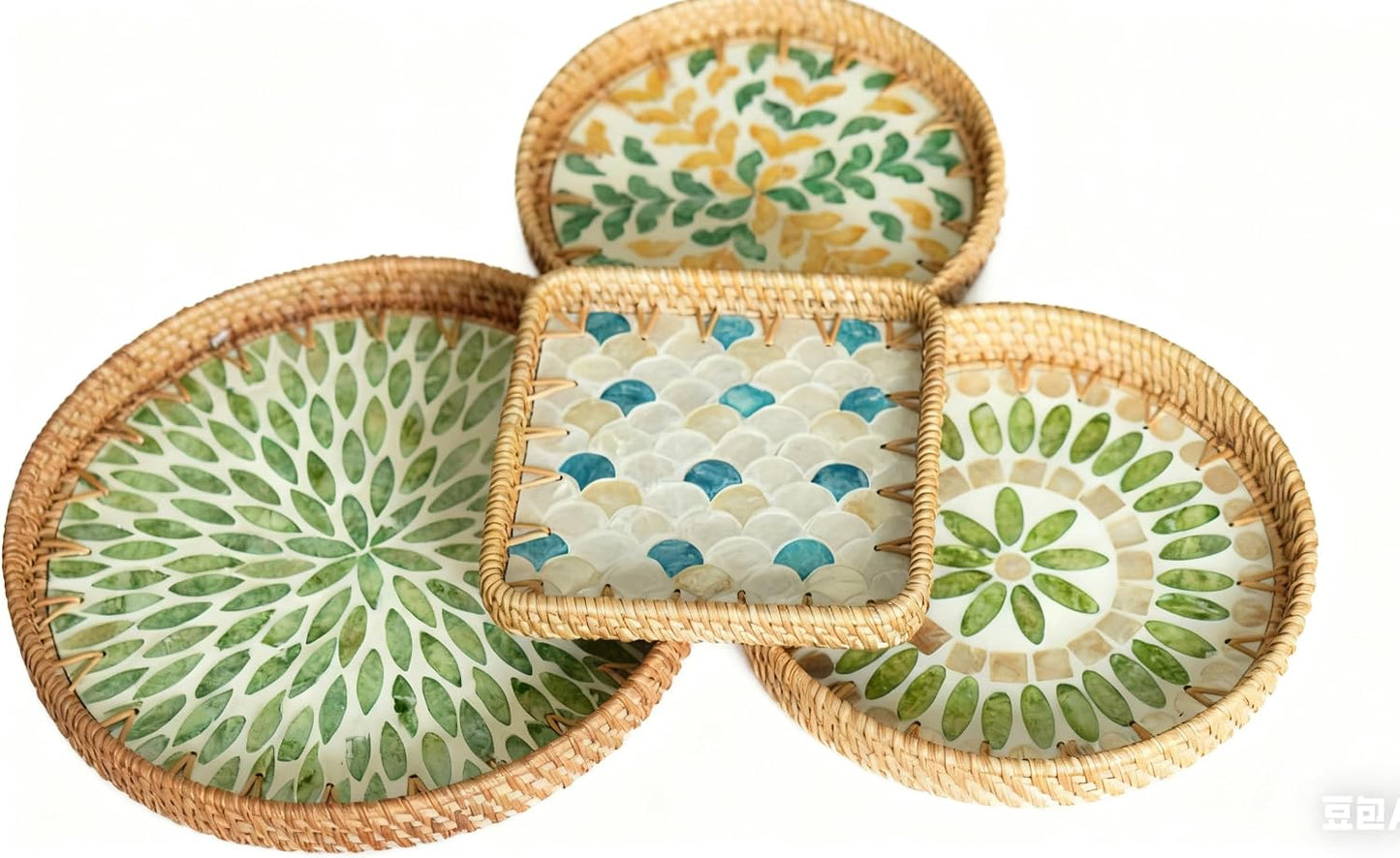Round Rattan Tray / Emerald Bloom / Set of 3