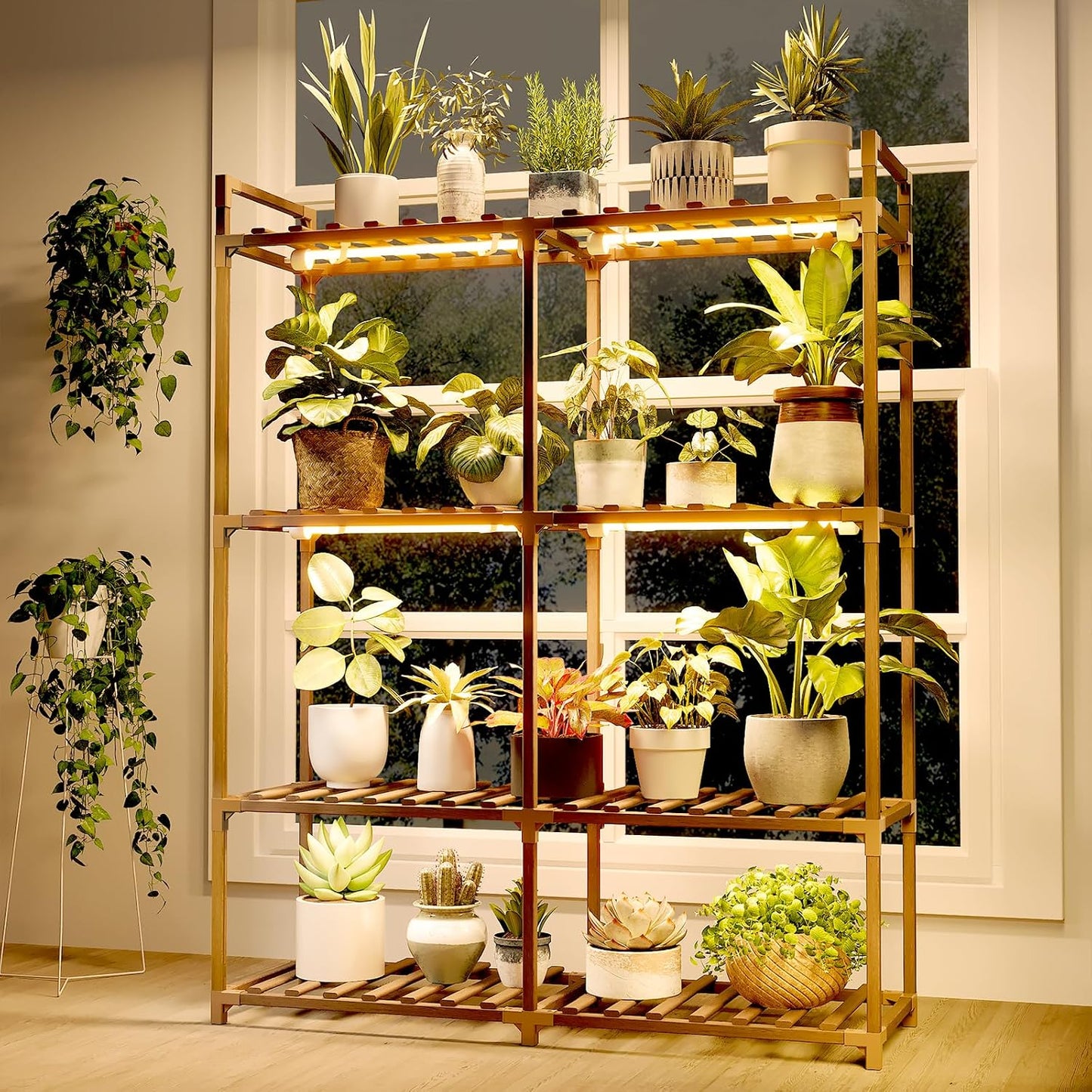 Bamworld Plant Stand with Grow Lights for Indoor Plants Wood Plant Shelf | 4 Tier Large Flower Stand for Mutiple Plant