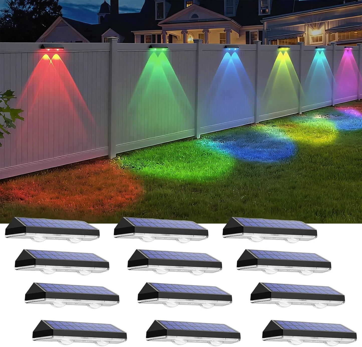 Solar Fence Lights Outdoor - Warm White & RGB 6 Color, Dusk to Dawn Solar Deck Light, Solar Lights Outdoor IP65