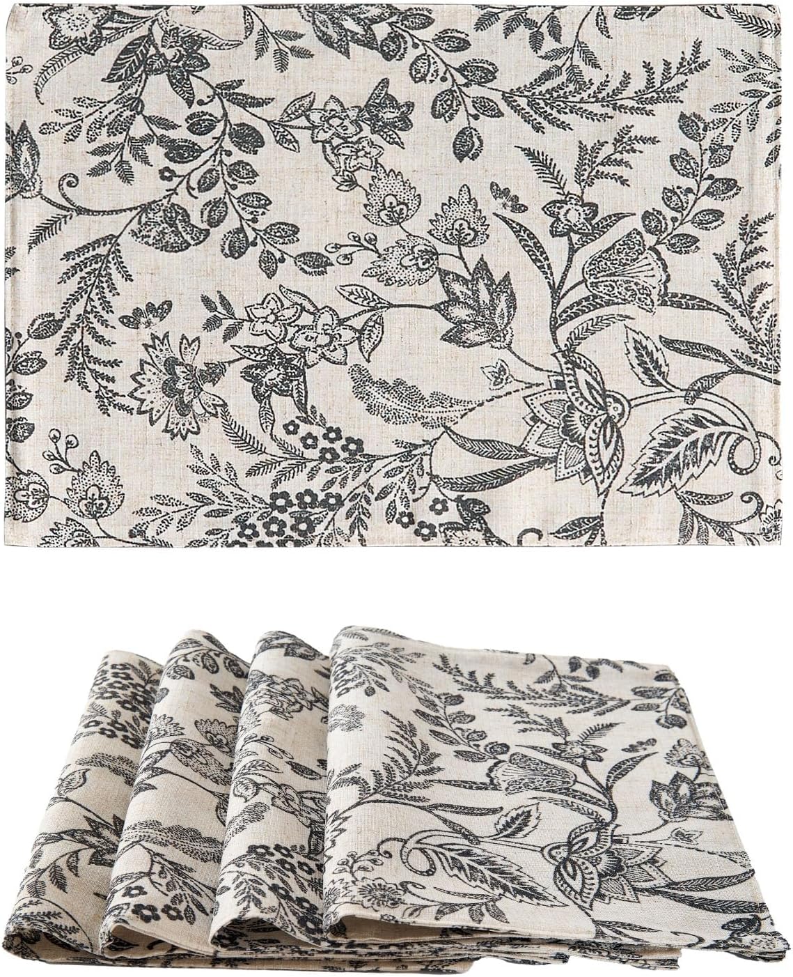 JINCHAN Linen Floral Placemats Set of 4 Farmhouse 13x19 Inch Black | Fabric Placemats, Cottage Style, Vintage Botanical
