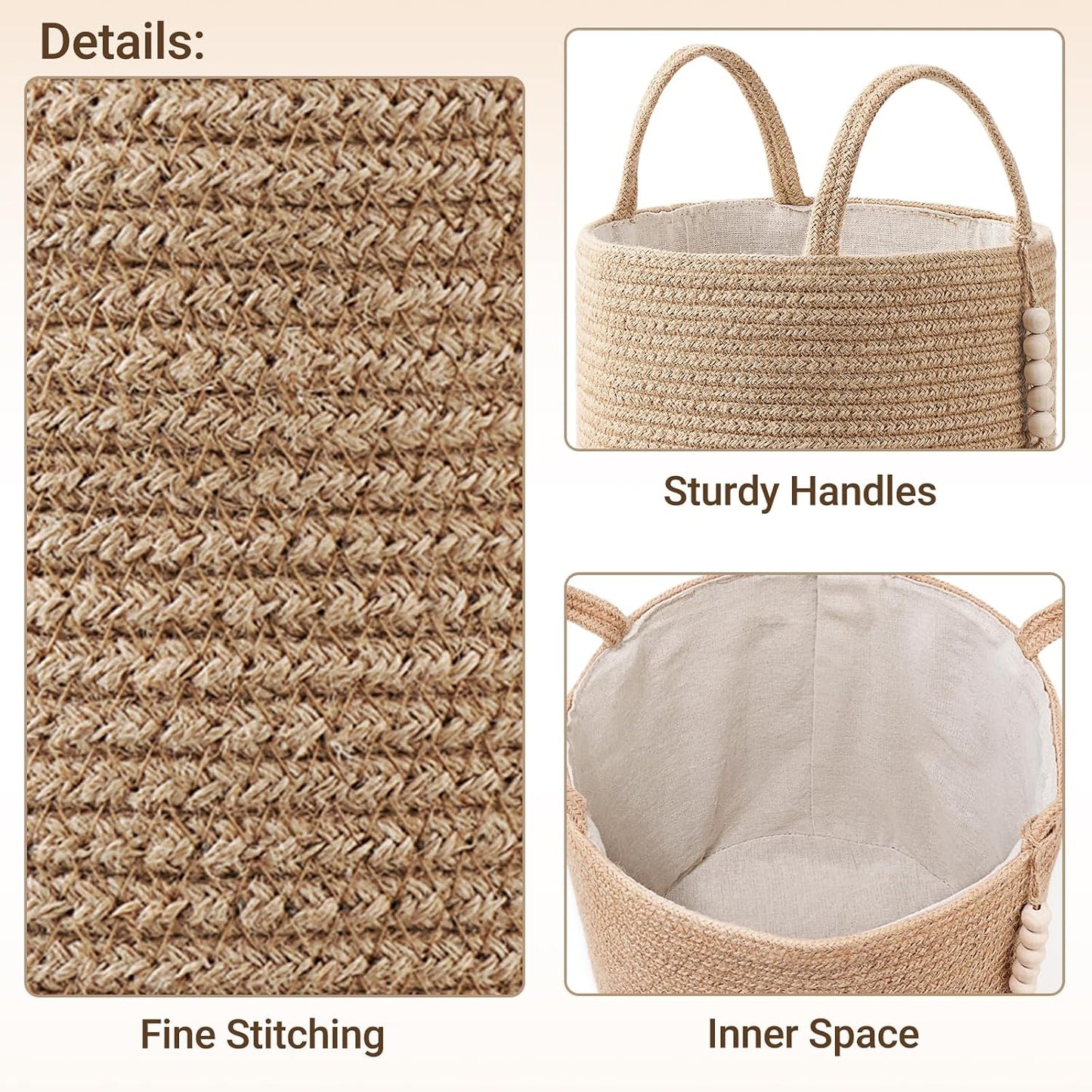 Woven Storage Basket Decorative Natural Rope Basket Wooden Bead Decoration / Brown / 16" W x 13.8"L