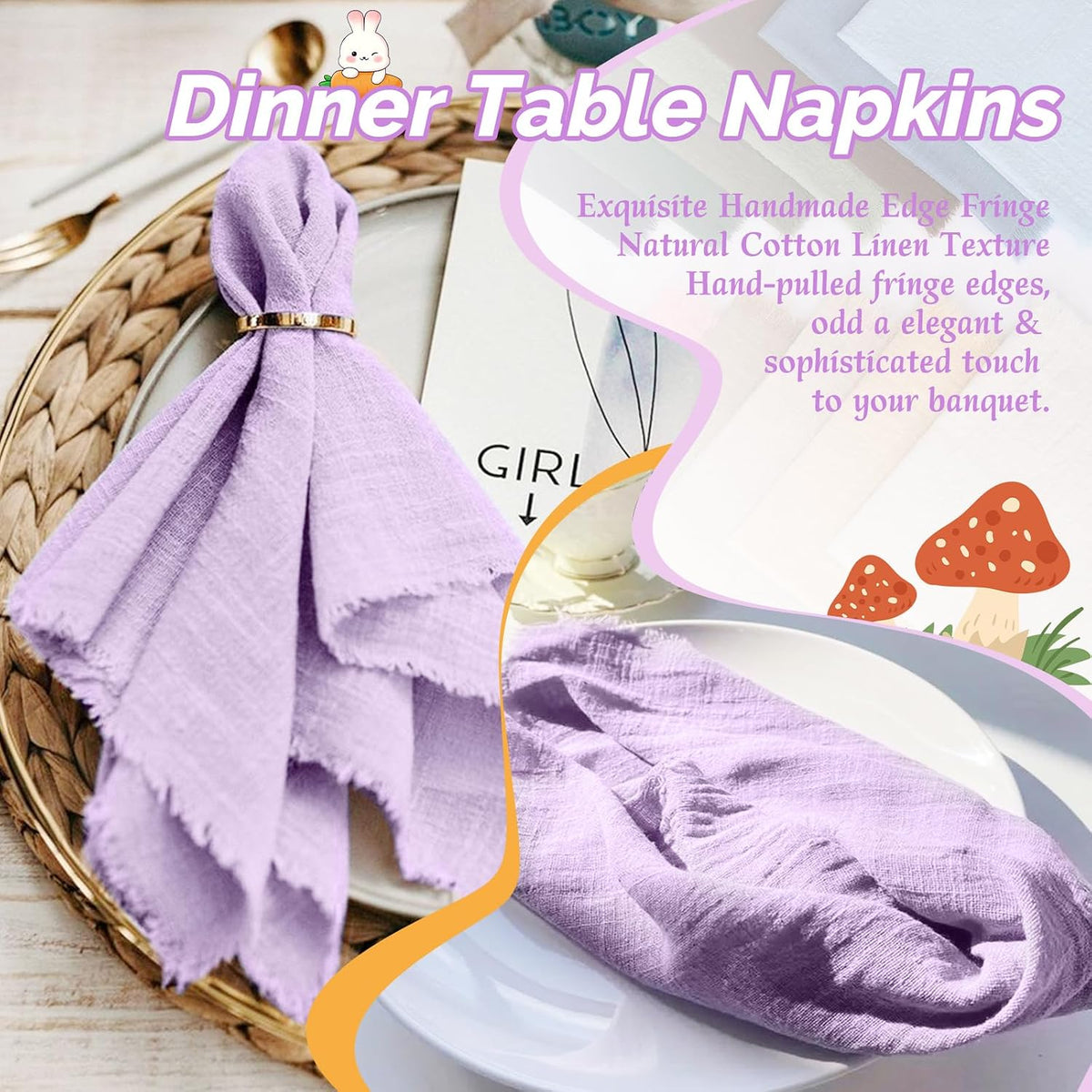 Showgeous 30 Pack Lavender Cloth Napkins with Fringe, 16x16 inch | 100% Cotton Purple Napkins Handmade Dinner Napkins