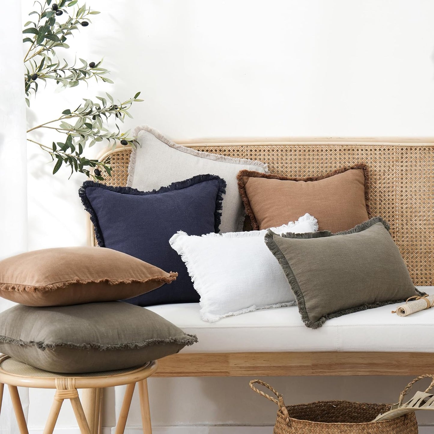 Decorative Linen Fringe Lumbar Throw Pillow Covers Boho Farmhouse Cushion Cover / 20 x 12 / Brick