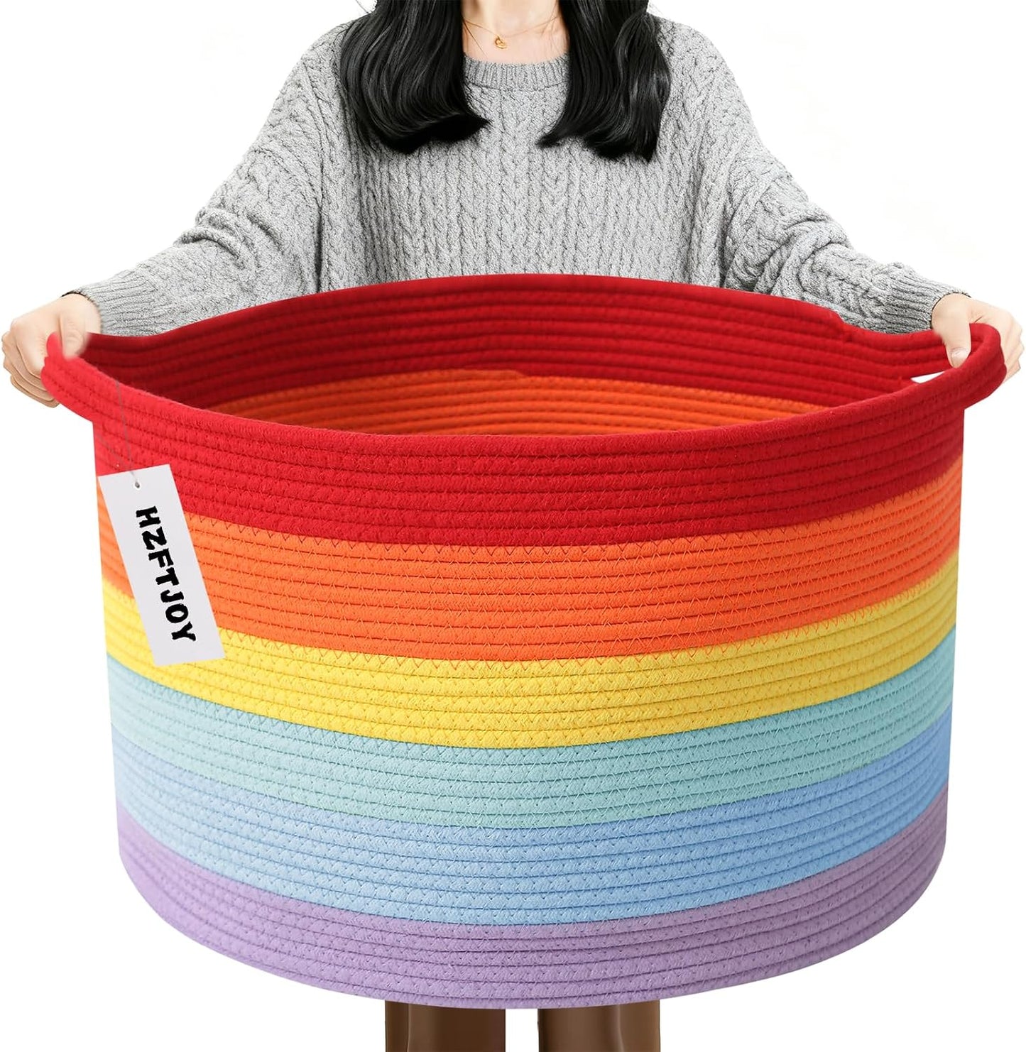 90L Large Blanket Basket,Rope Woven Laundry Basket-Rainbow