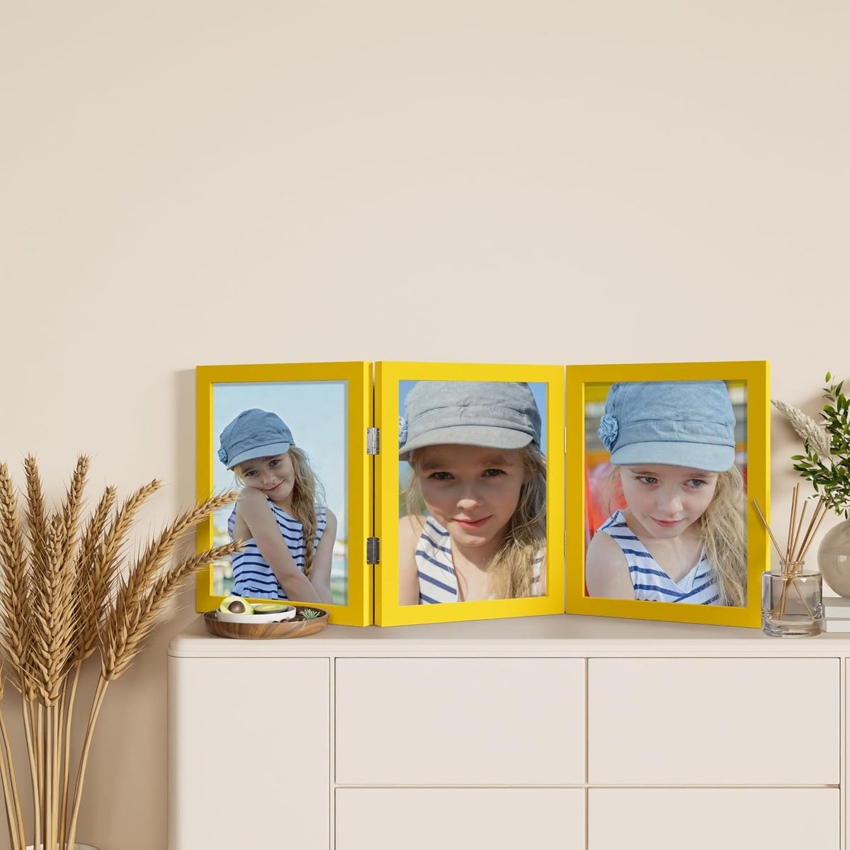 decorUhome Yellow Triple 8x10 Picture Frame Vertical, MDYL08 | "Z" Shape Folding Design Engineered Wood Trifold Photo