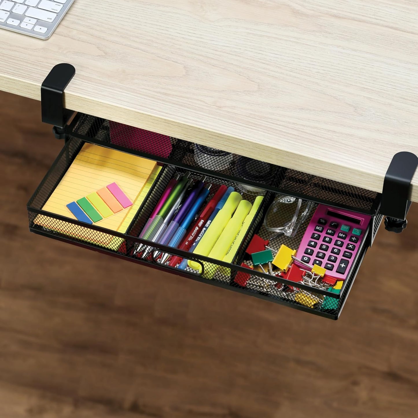 Under Desk Drawer Organizer Clamp-On, Mesh Metal Attachment, 1 Drawer Slide Out, On or Under Desk Organizer for Office