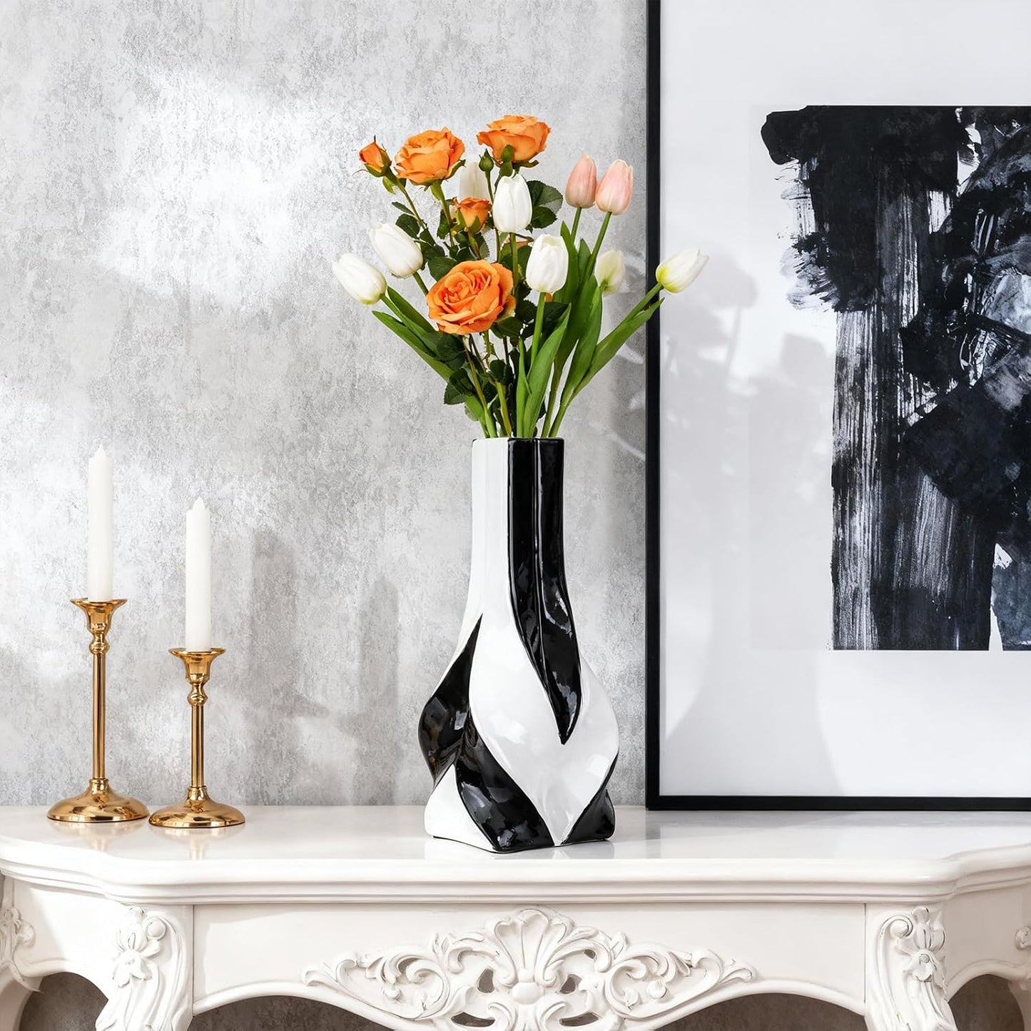 10.6" Black and White Ceramic Vase / Black White