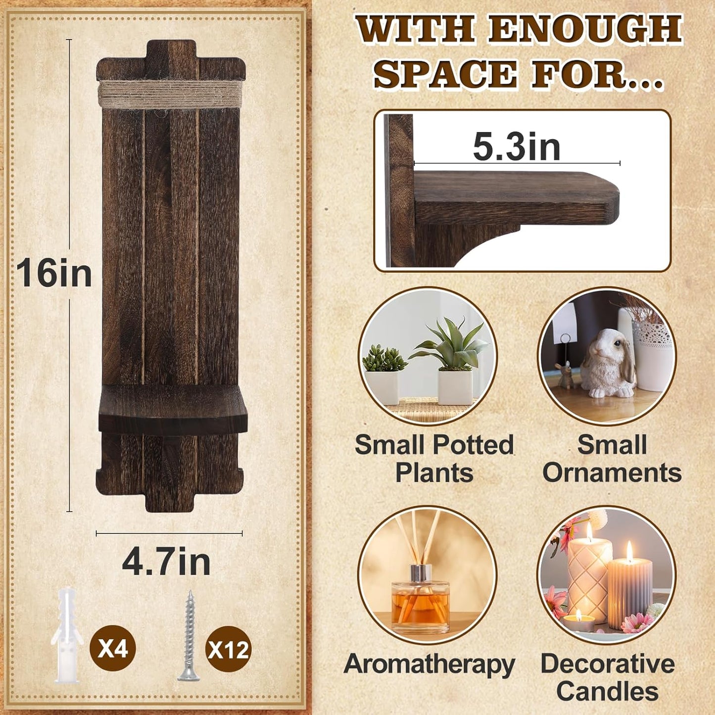 Handmade Wooden Candle Sconces Farmhouse Wall Decor / Brown / 5.3"L x 4.7"W x 16"H / Set of 2