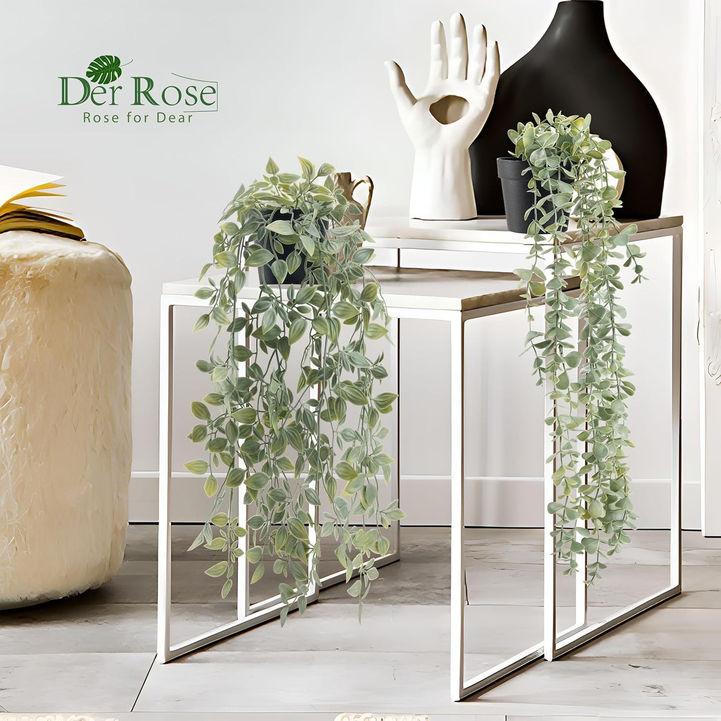 Fake Plants Hanging Artificial Decor Faux Potted Eucalyptus and Pea Pod / Gray Green / Set of 2