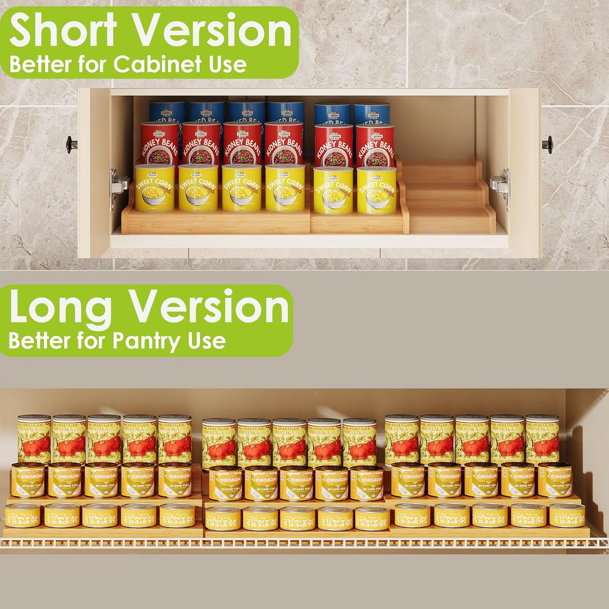 3-Tier Extra-Long Expandable Bamboo Can Rack for Pantry, Holds 45 Cans | Adjustable Pantry Can Organizer, Large