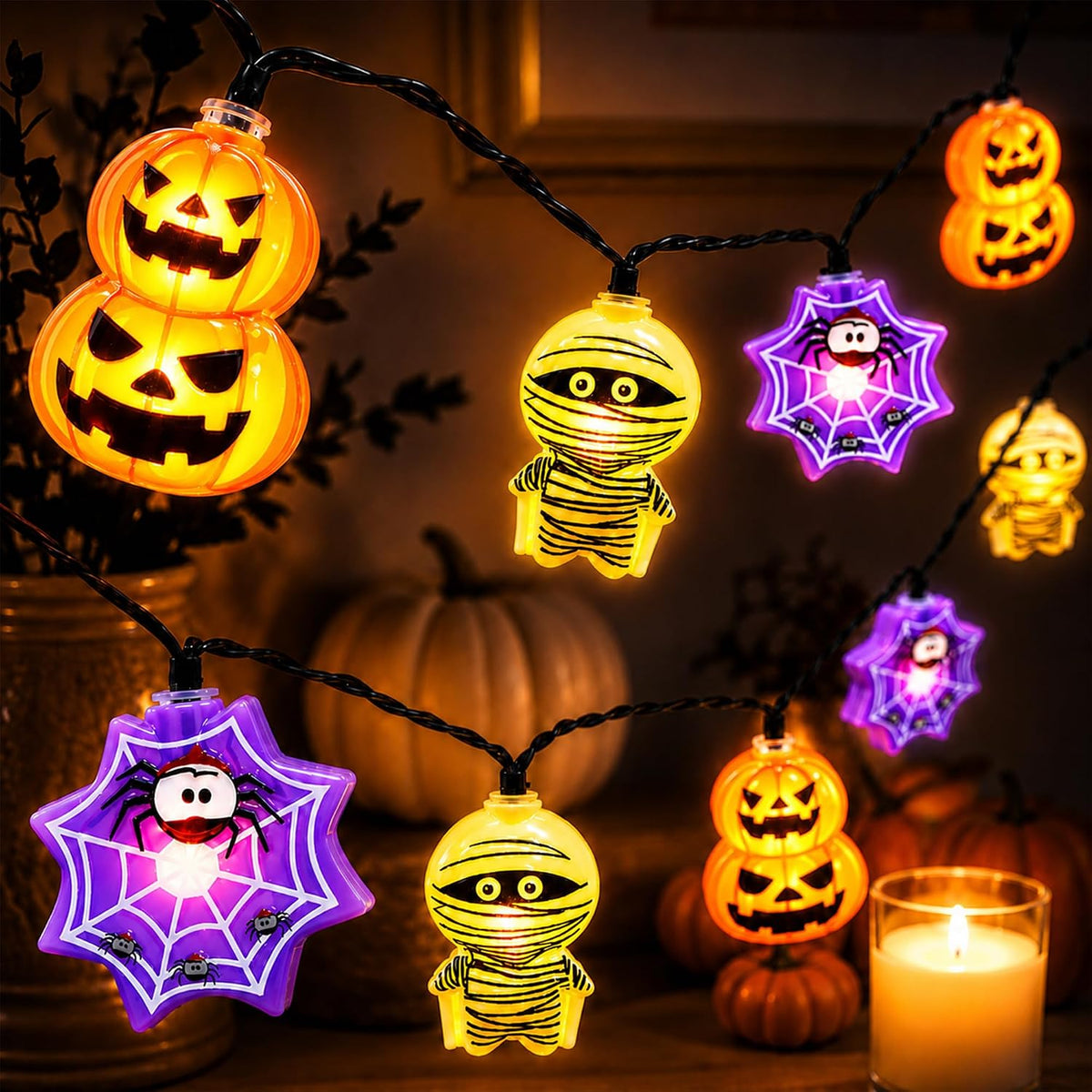 20 LED Pumpkin Cobweb Mummy Battery String Lights for Halloween Decorations