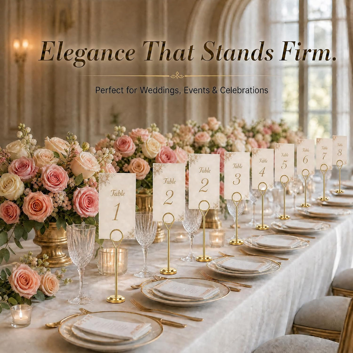 Radezon 16 Pcs Gold Table Number Holders, 6-Inch Stable Place Card Holders with Non-Slip Base, Metal Photo Stands for