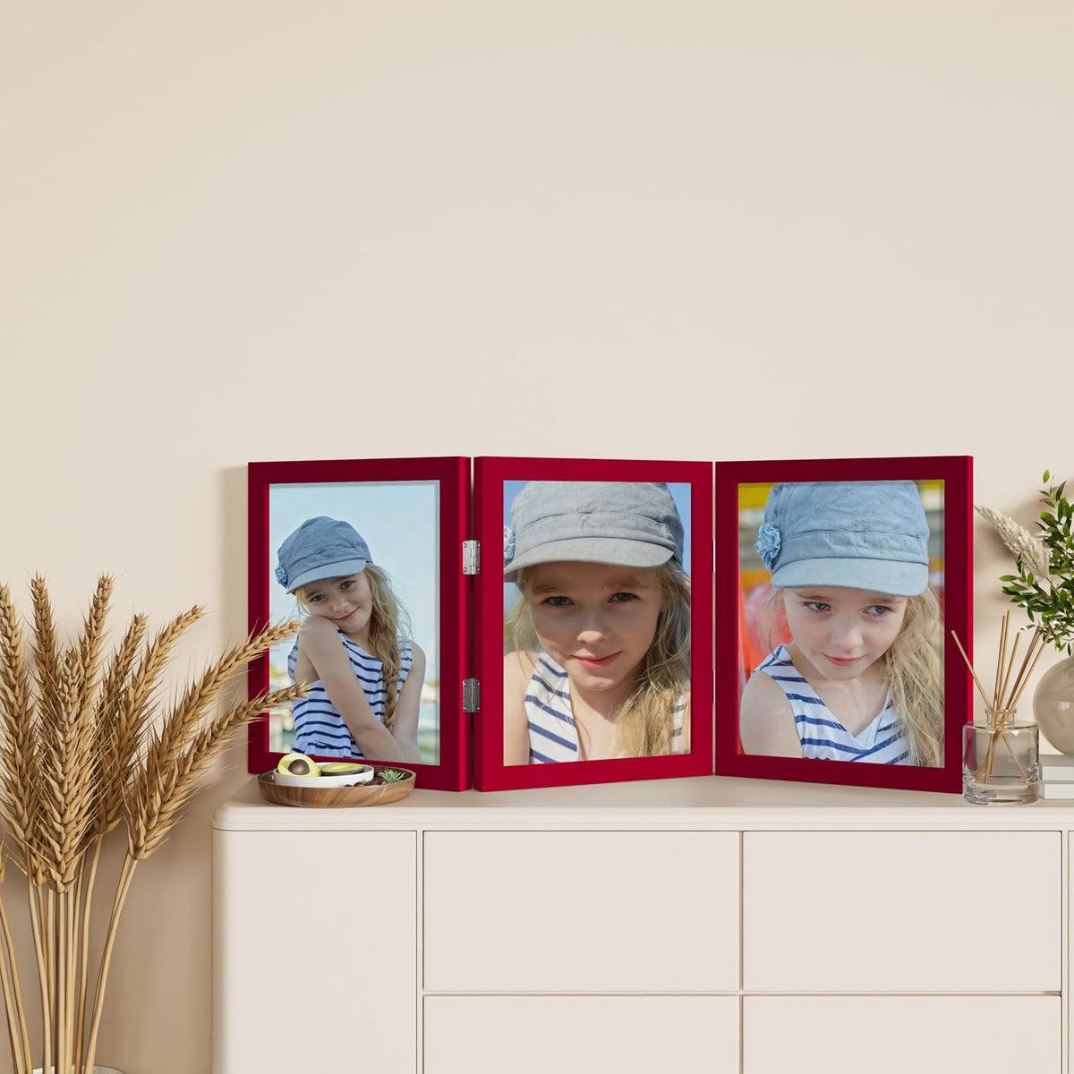 decorUhome Red Triple 8x10 Picture Frame Vertical, MDRD08 | "Z" Shape Folding Design Engineered Wood Trifold Photo