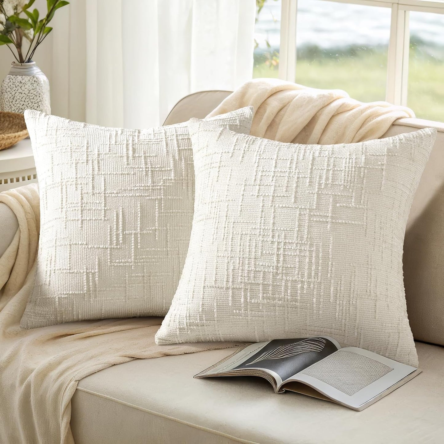 Fall Chenille Throw Pillow Covers Textured Soft Slubby Couch / Cream White / 18 x 18 / Set of 2