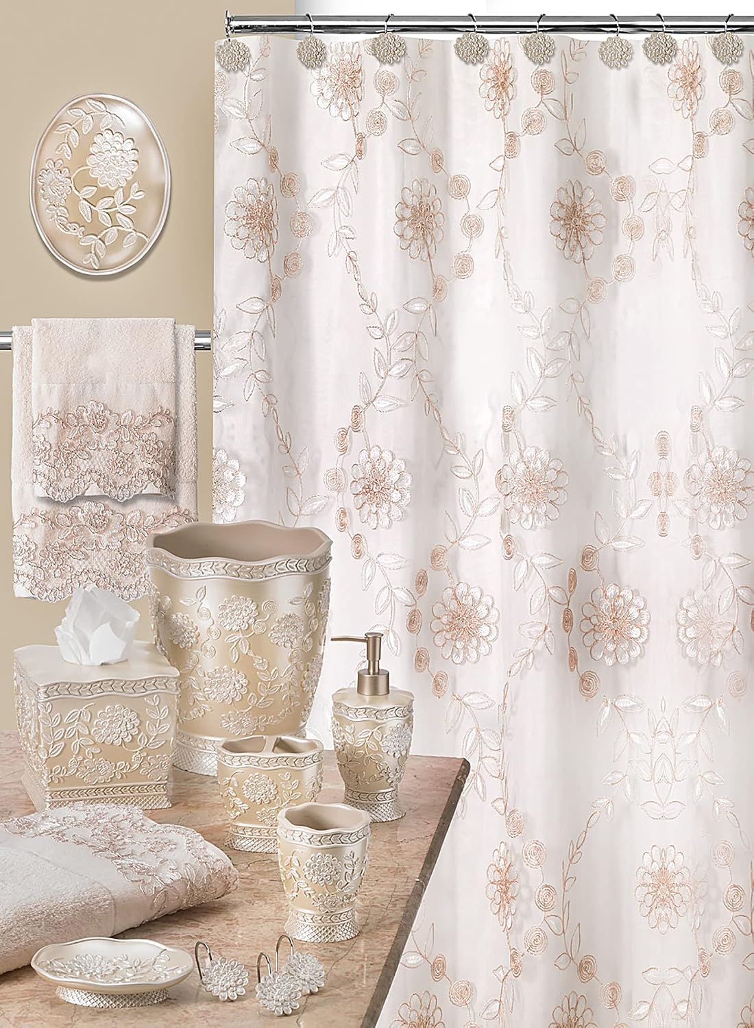Zahari Home 2pc Rose Vine Bathroom Set Waste Basket & Tissue Cover Modern Classic Decor Stylish Unique Design Beautiful