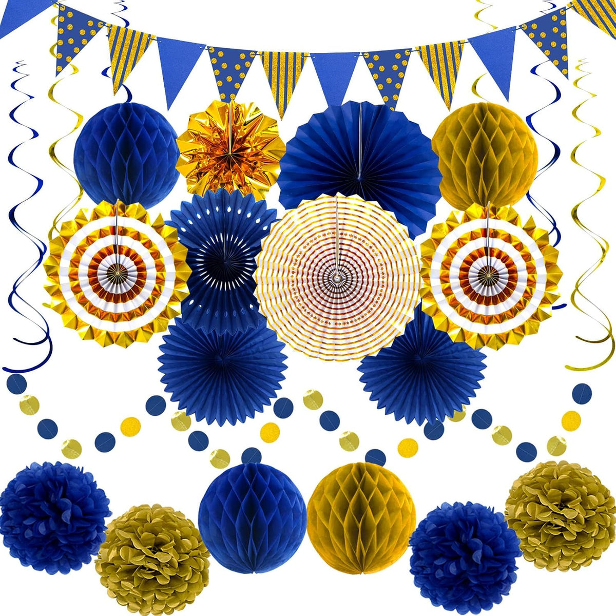 24 Pcs Blue Gold Party Decorations, Paper Fans Pom Poms Banner