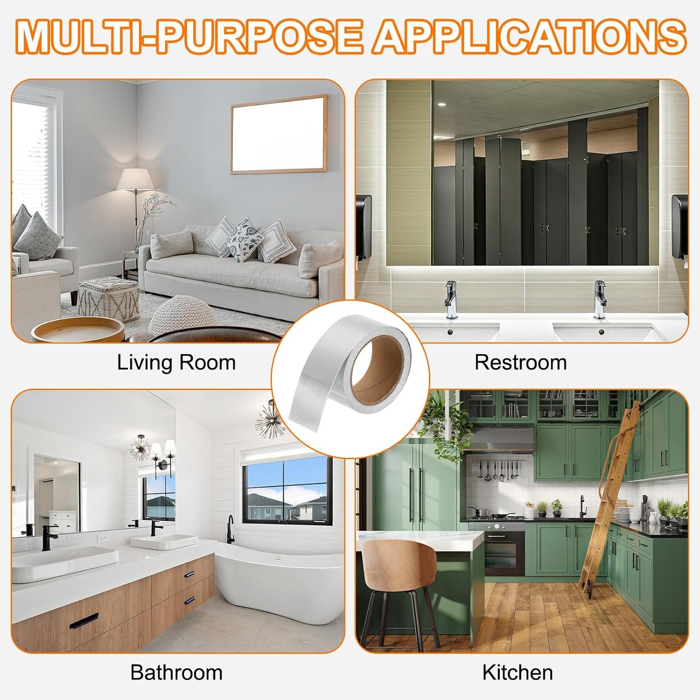 Mirror Border Peel and Stick Wood Grain Tape ft Foil Self-Adhesive / Brushed Silver / 2 x 39 / FT