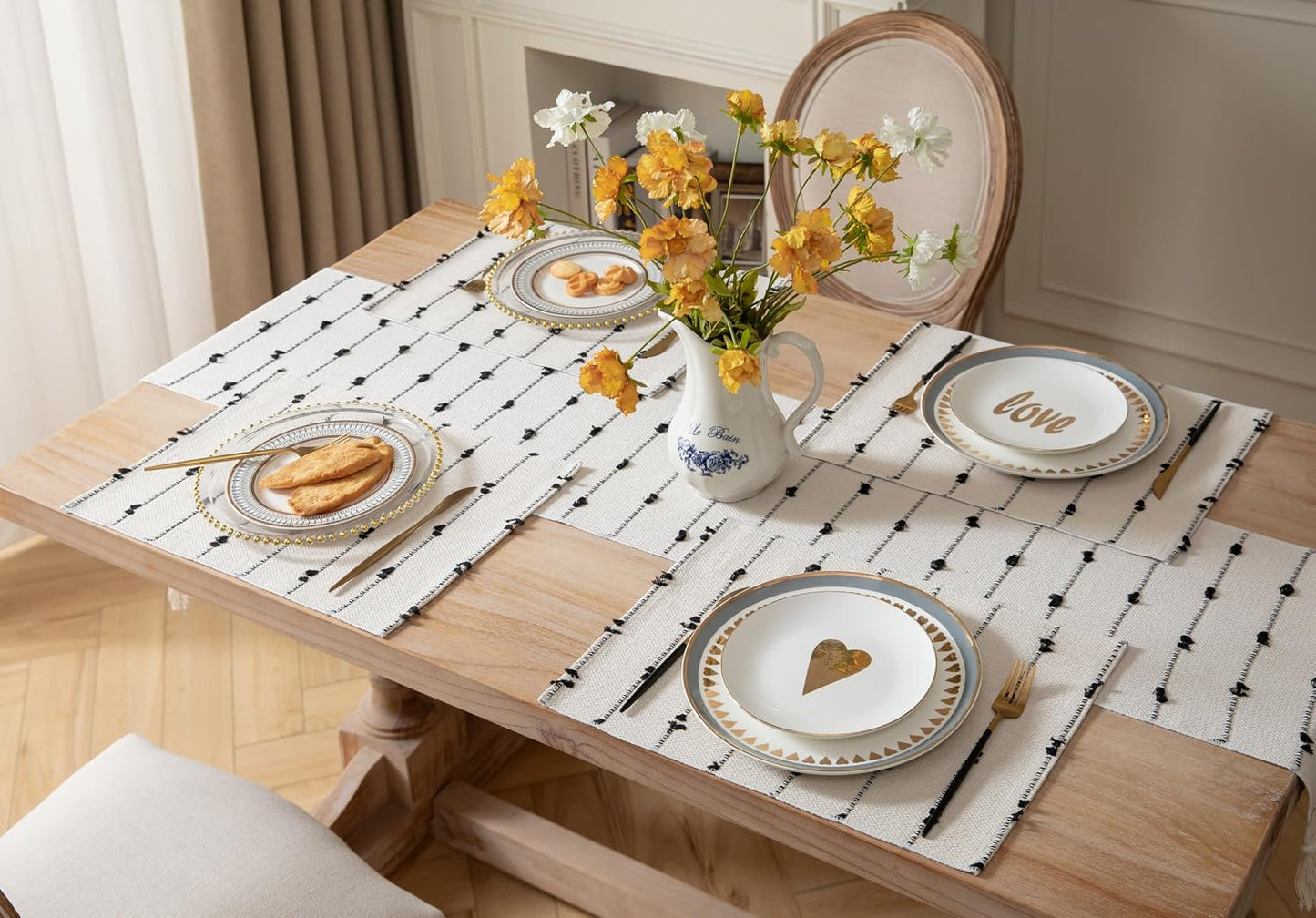 Boho Placemats Set of 6 for Dining Table Decor, Woven Cloth Place Mats for Farmhouse Rustic Kitche Home Decor, Cotton